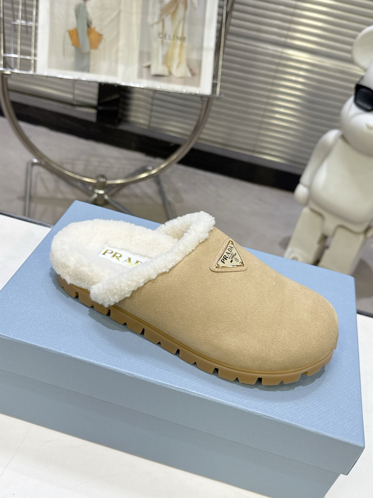 PRADA 25S FUR-LINED MULES IN BEIGE SUEDE - 35