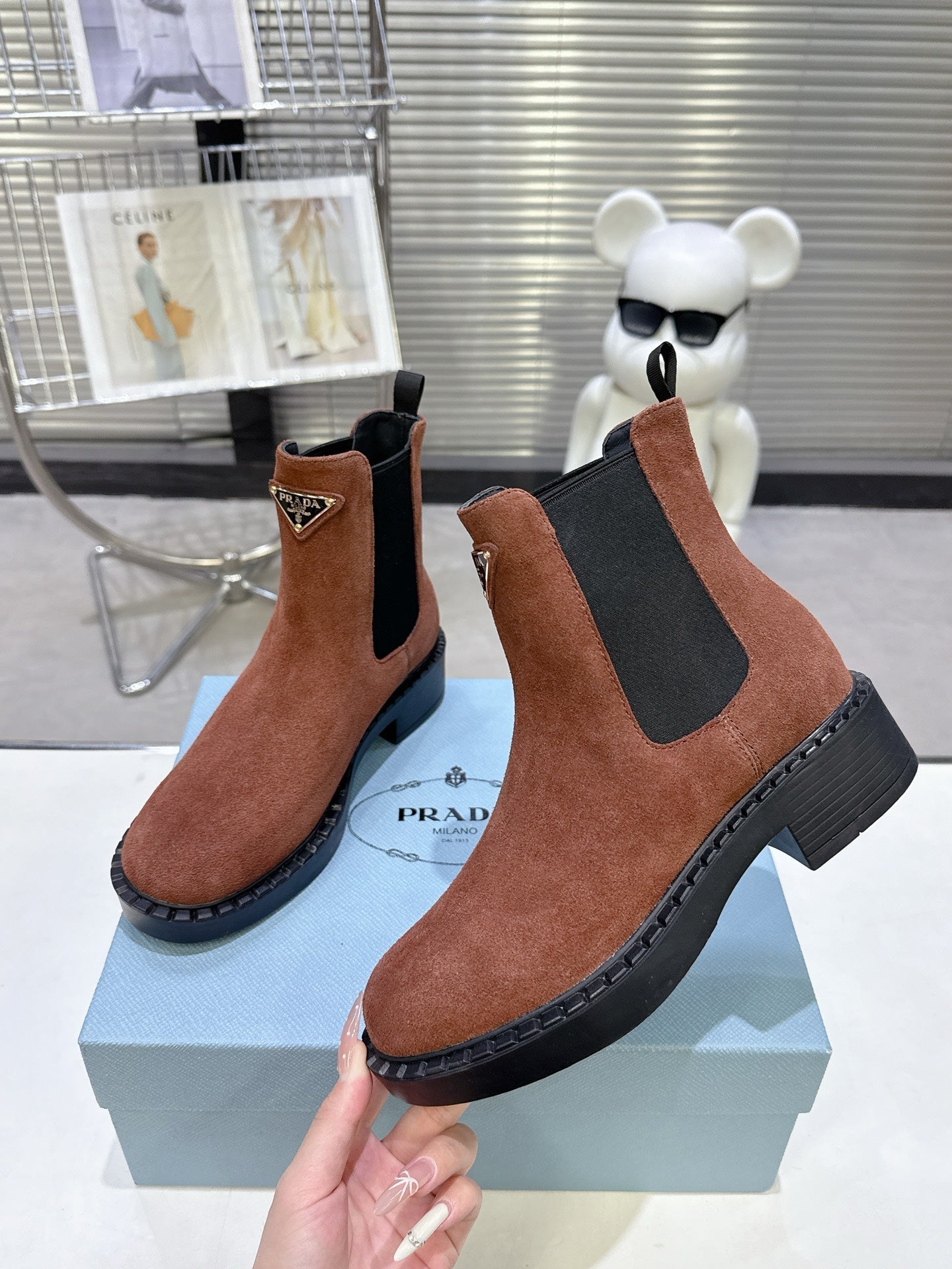 PRADA 25S RETRO PLATFORM MARTIN BOOTS IN BROWN SUEDE - 35