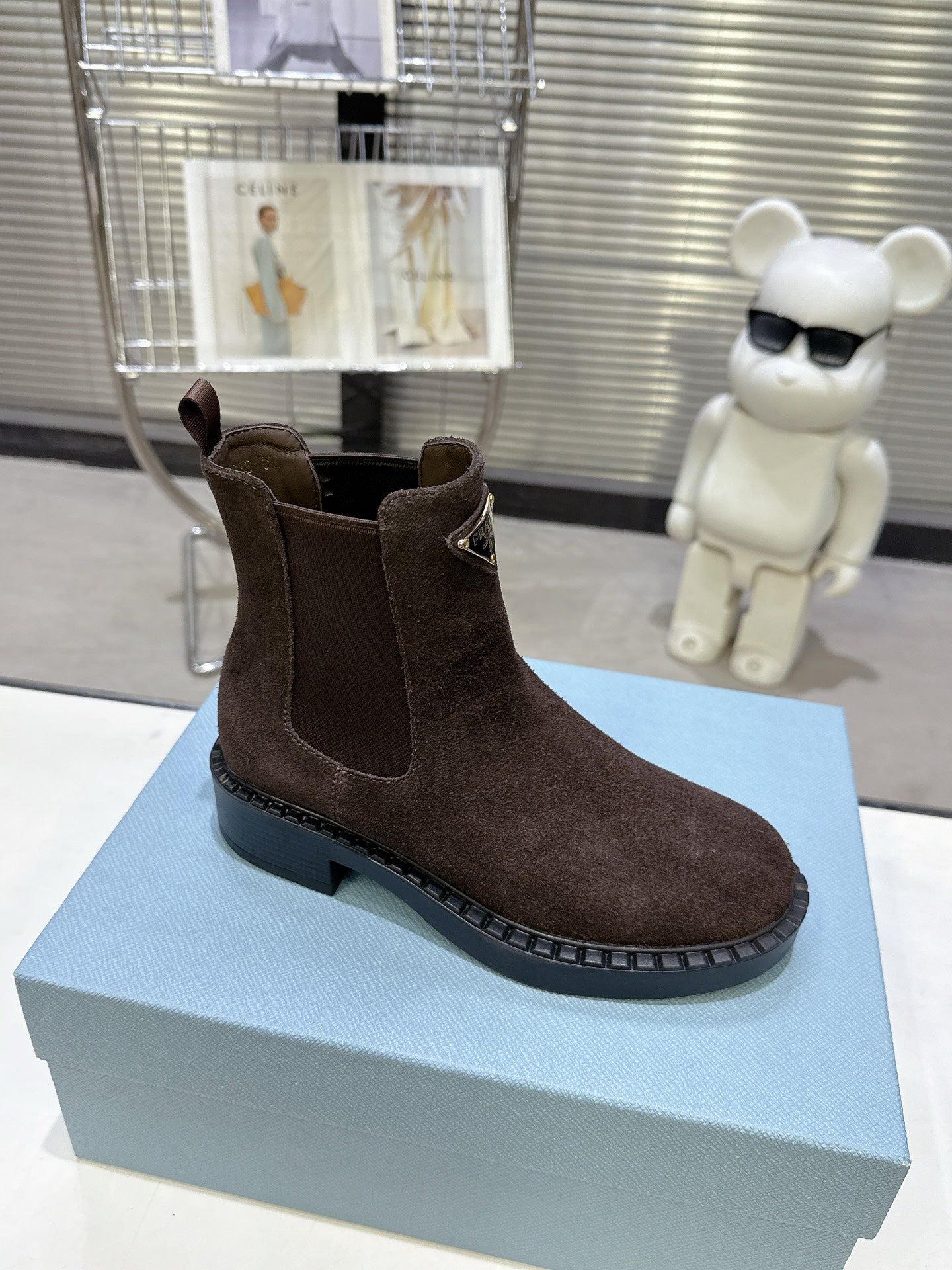 PRADA 25S RETRO PLATFORM MARTIN BOOTS IN DARK BROWN SUEDE - 35