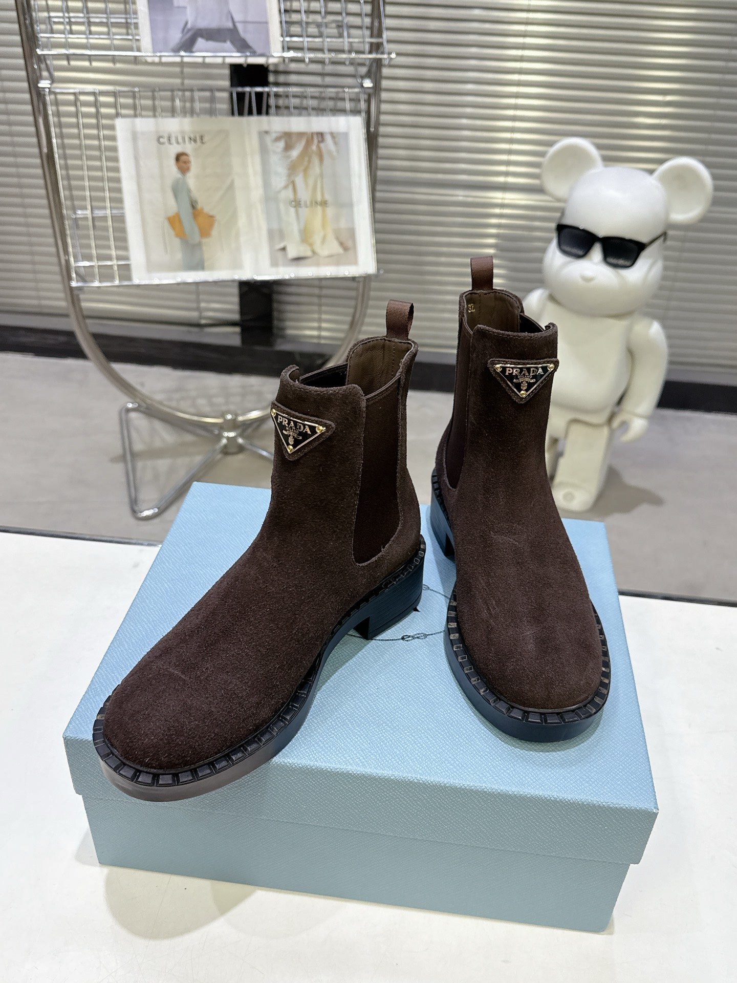 PRADA 25S RETRO PLATFORM MARTIN BOOTS IN DARK BROWN SUEDE - 35