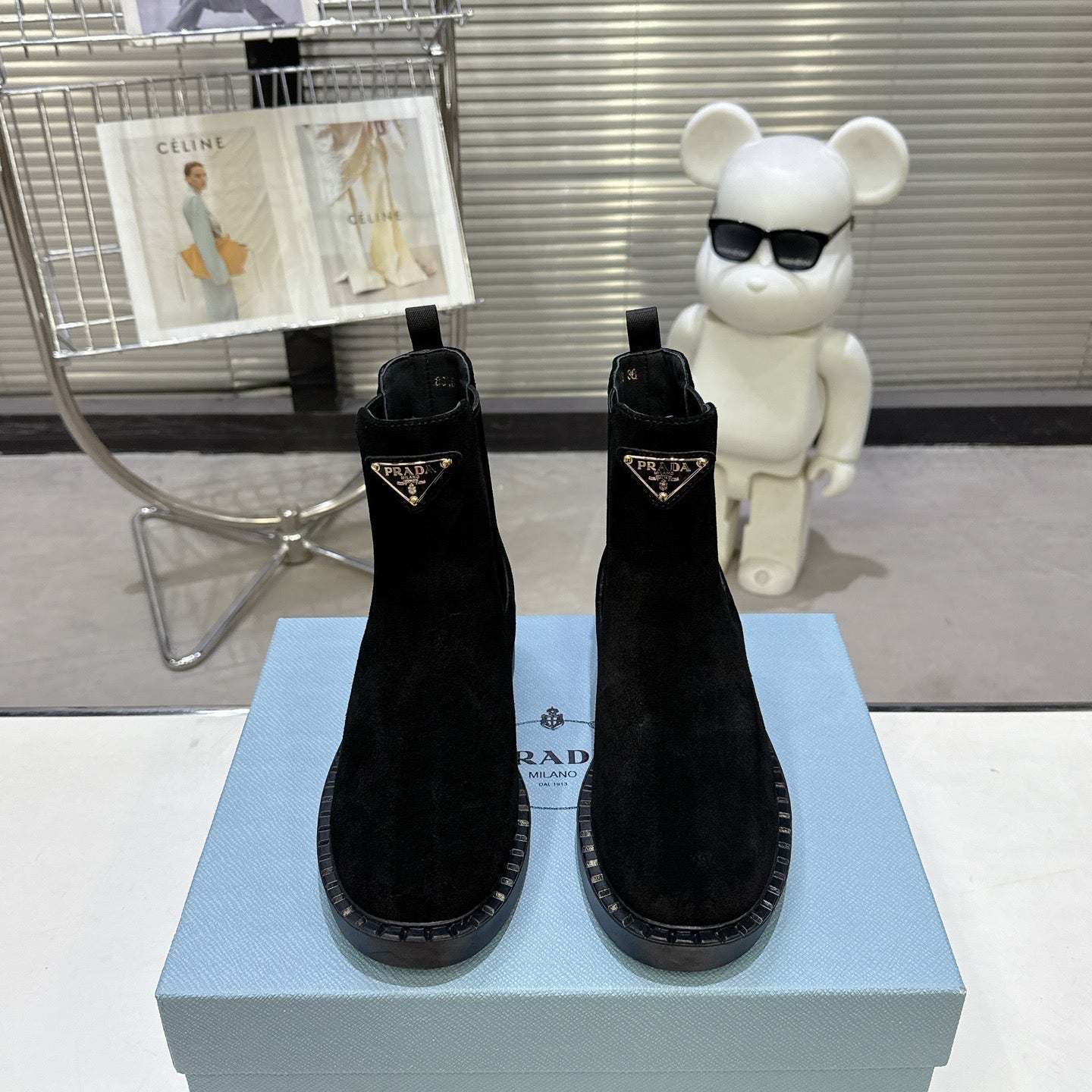 PRADA 25S RETRO PLATFORM MARTIN BOOTS IN BLACK SUEDE - 35