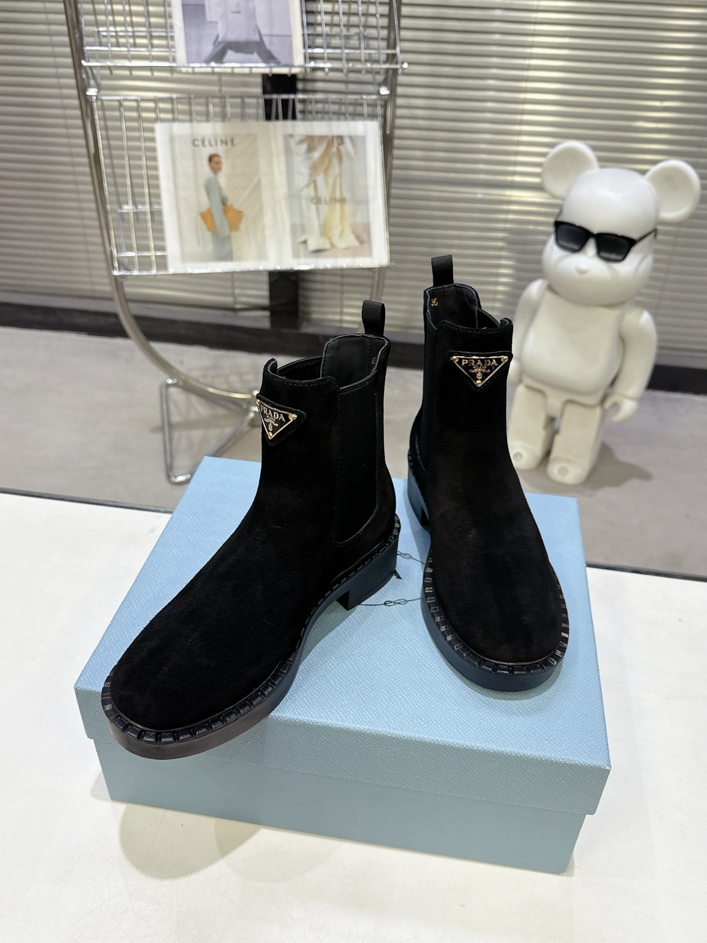 PRADA 25S RETRO PLATFORM MARTIN BOOTS IN BLACK SUEDE - 35