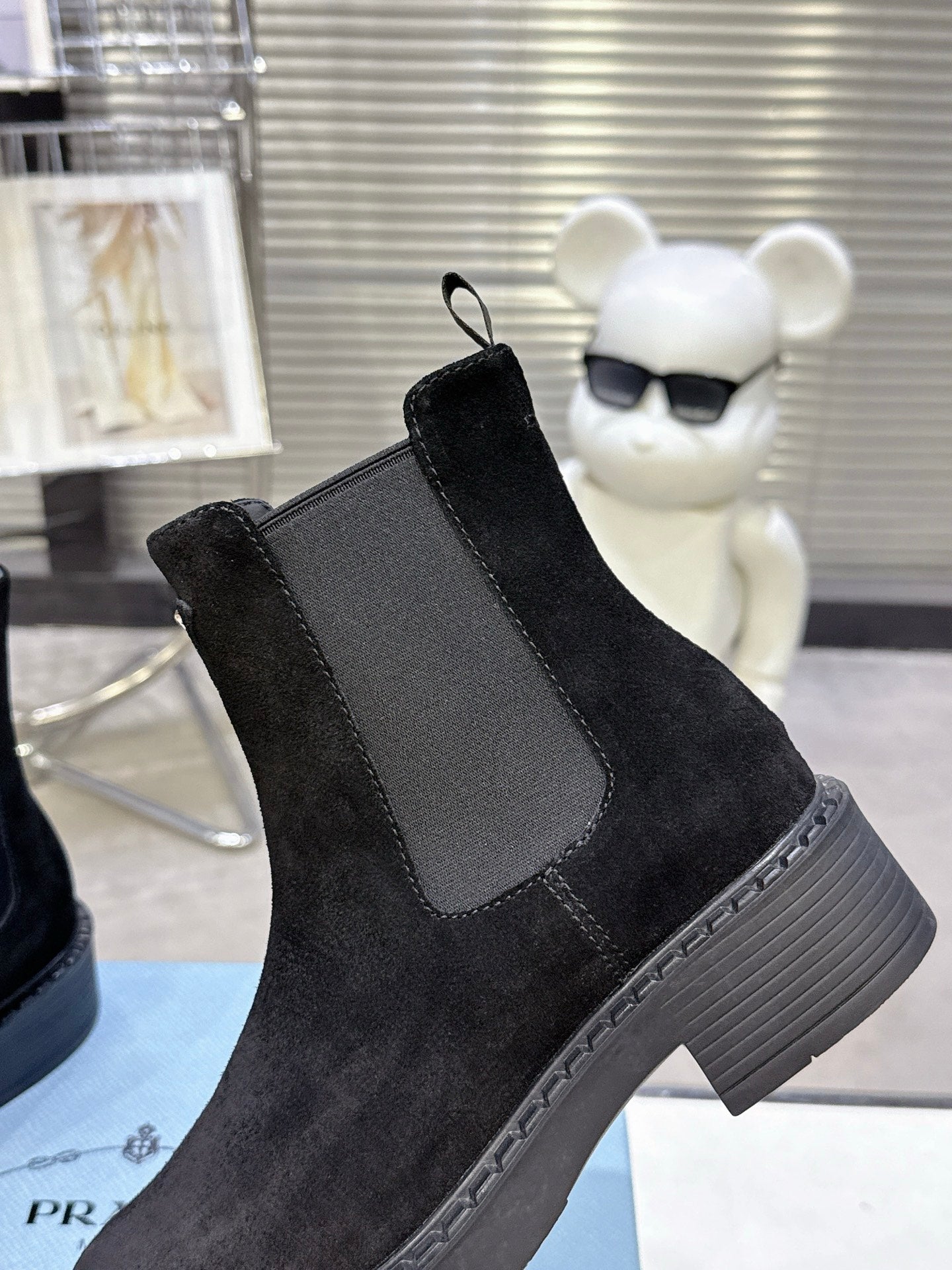 PRADA 25S RETRO PLATFORM MARTIN BOOTS IN BLACK SUEDE - 35
