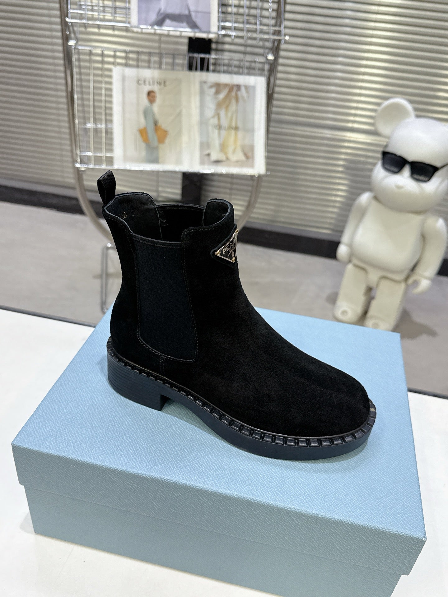 PRADA 25S RETRO PLATFORM MARTIN BOOTS IN BLACK SUEDE - 35