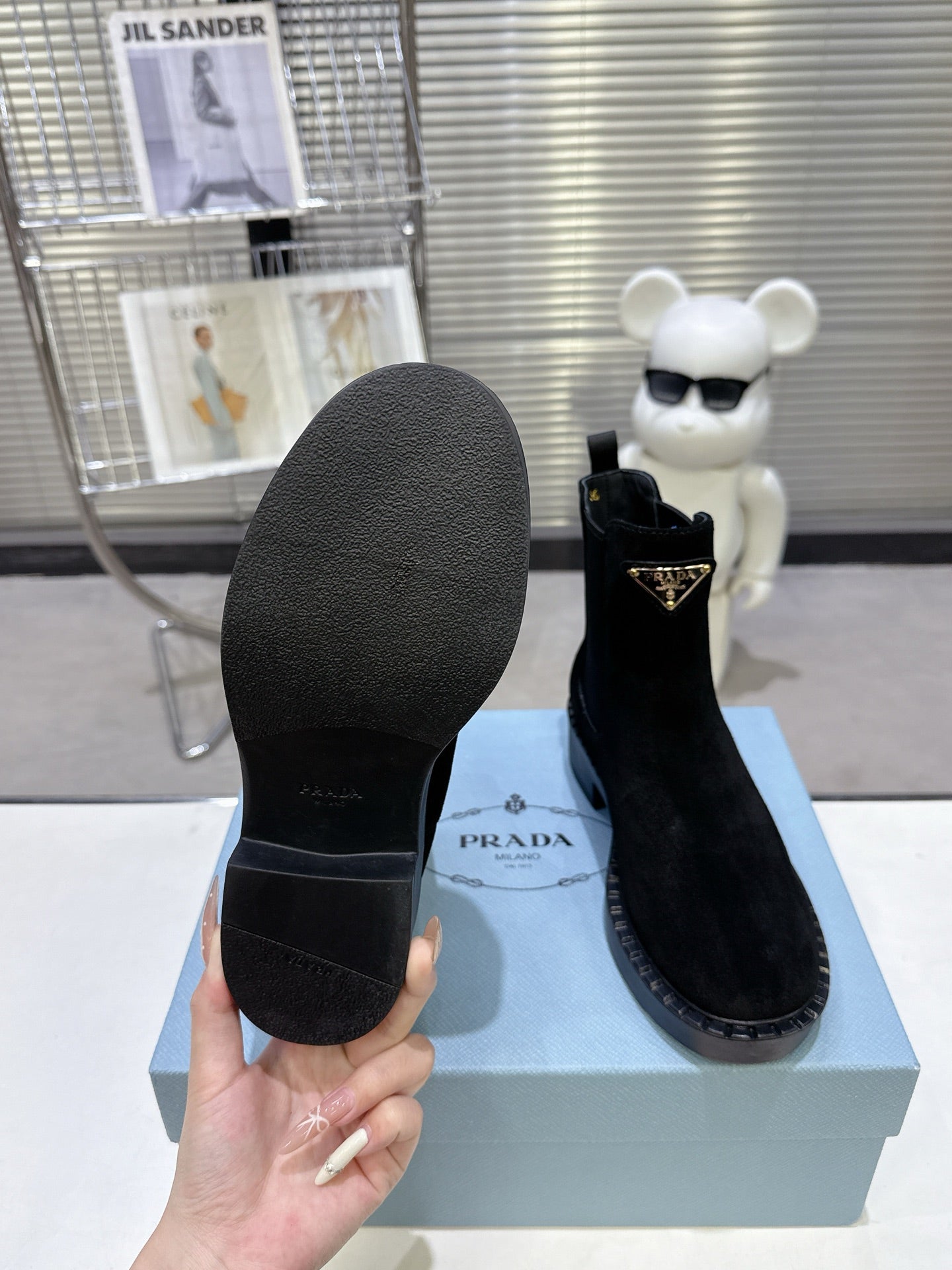 PRADA 25S RETRO PLATFORM MARTIN BOOTS IN BLACK SUEDE - 35