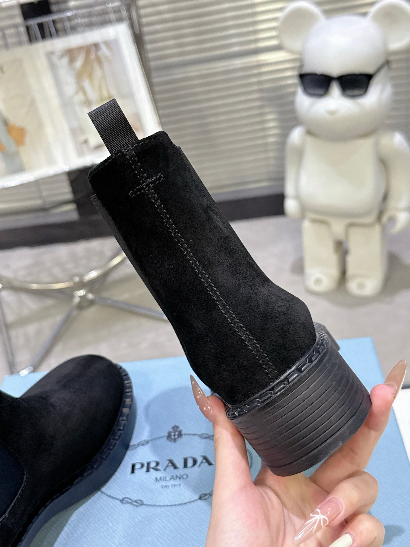 PRADA 25S RETRO PLATFORM MARTIN BOOTS IN BLACK SUEDE - 35