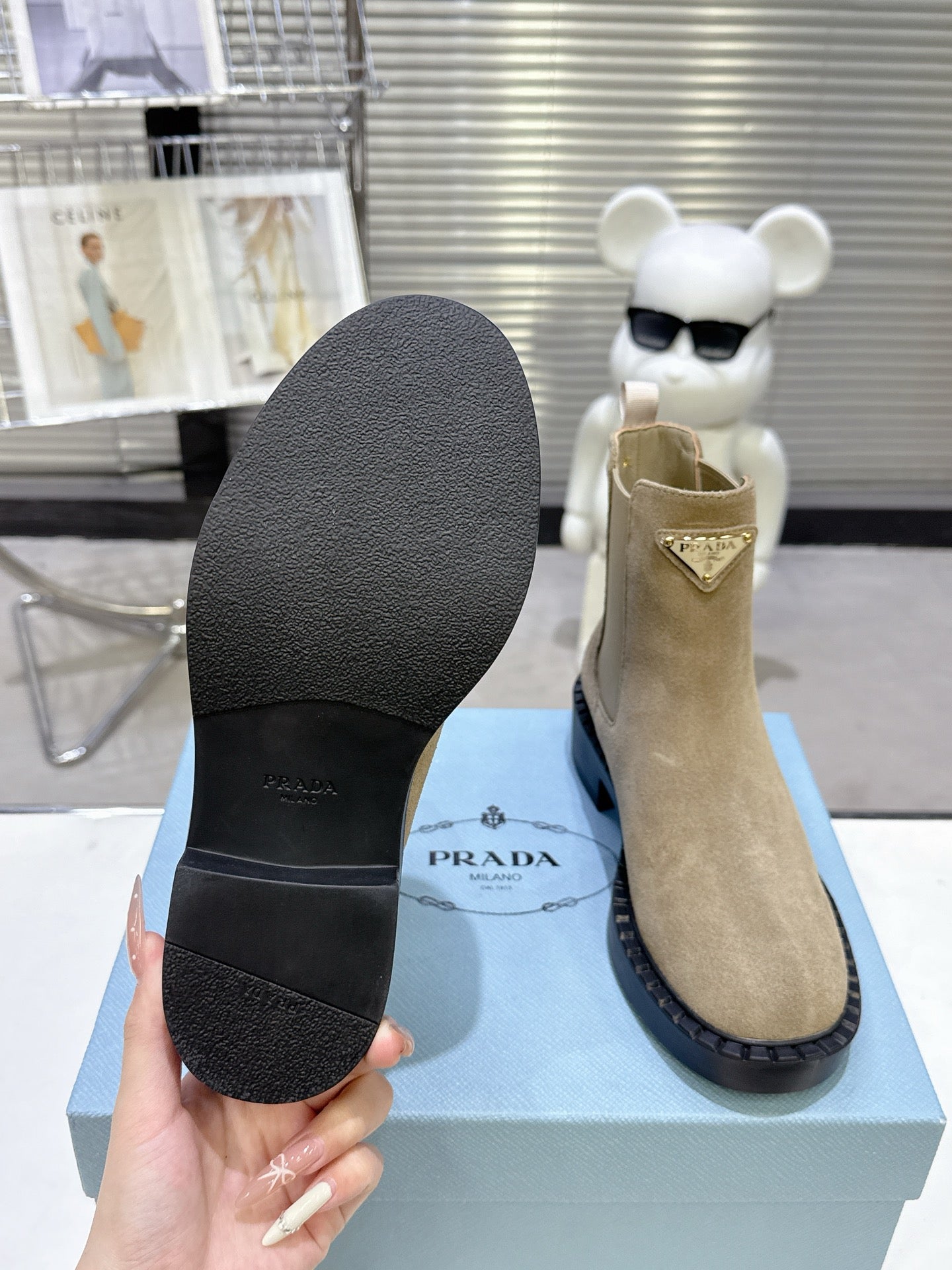 PRADA 25S RETRO PLATFORM MARTIN BOOTS IN BEIGE SUEDE - 35