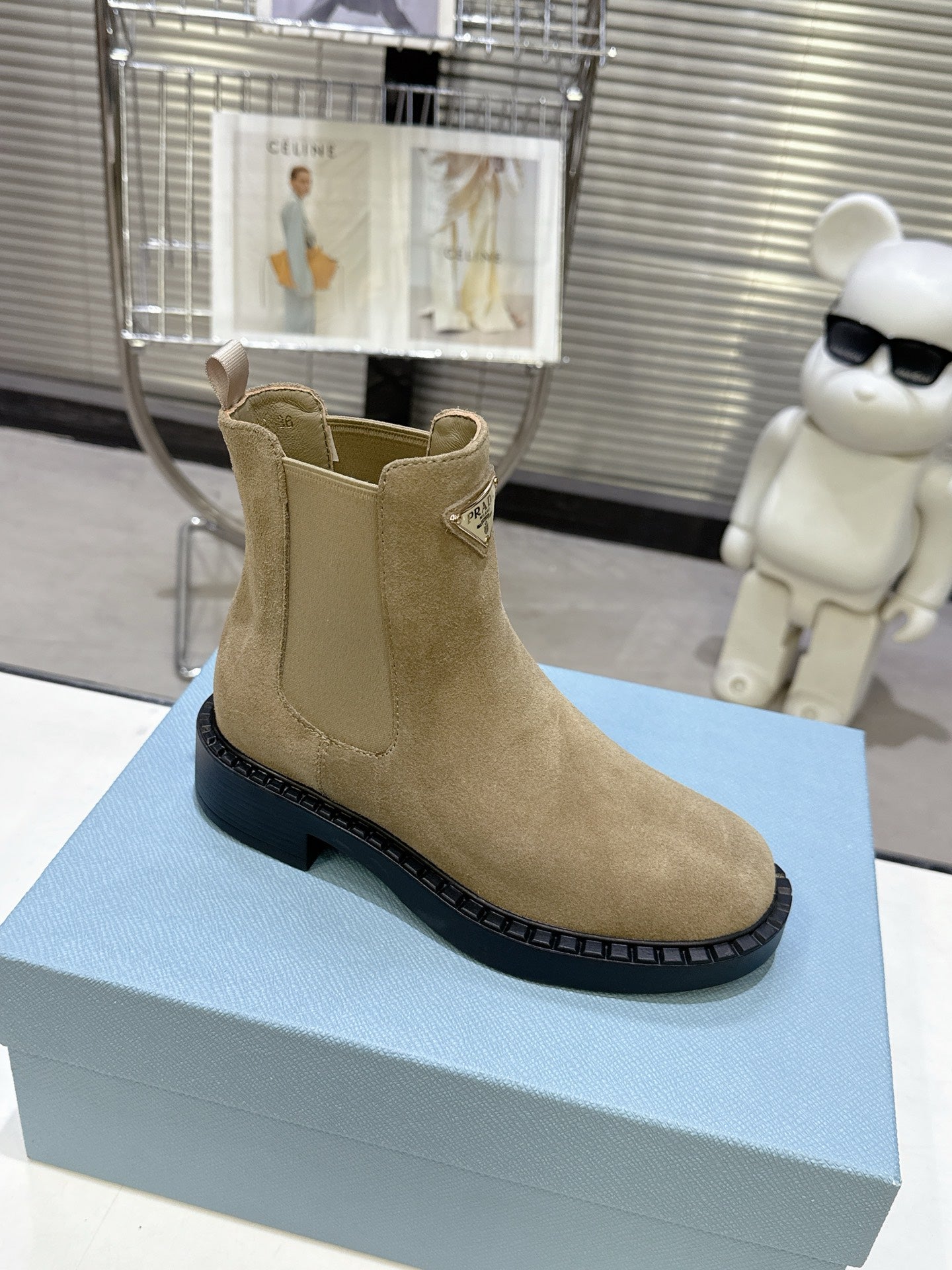 PRADA 25S RETRO PLATFORM MARTIN BOOTS IN BEIGE SUEDE - 35