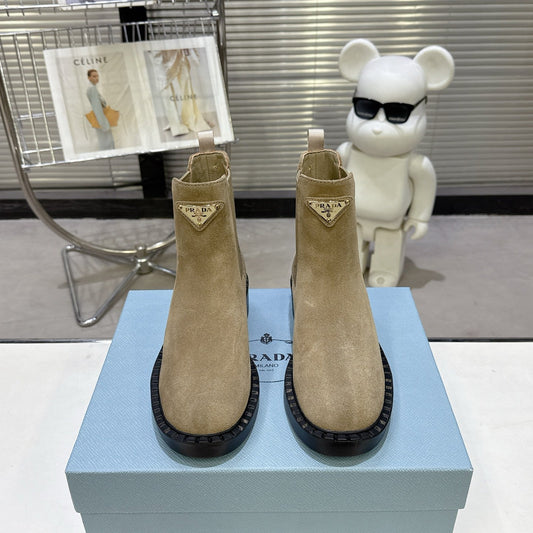 PRADA 25S RETRO PLATFORM MARTIN BOOTS IN BEIGE SUEDE - 35