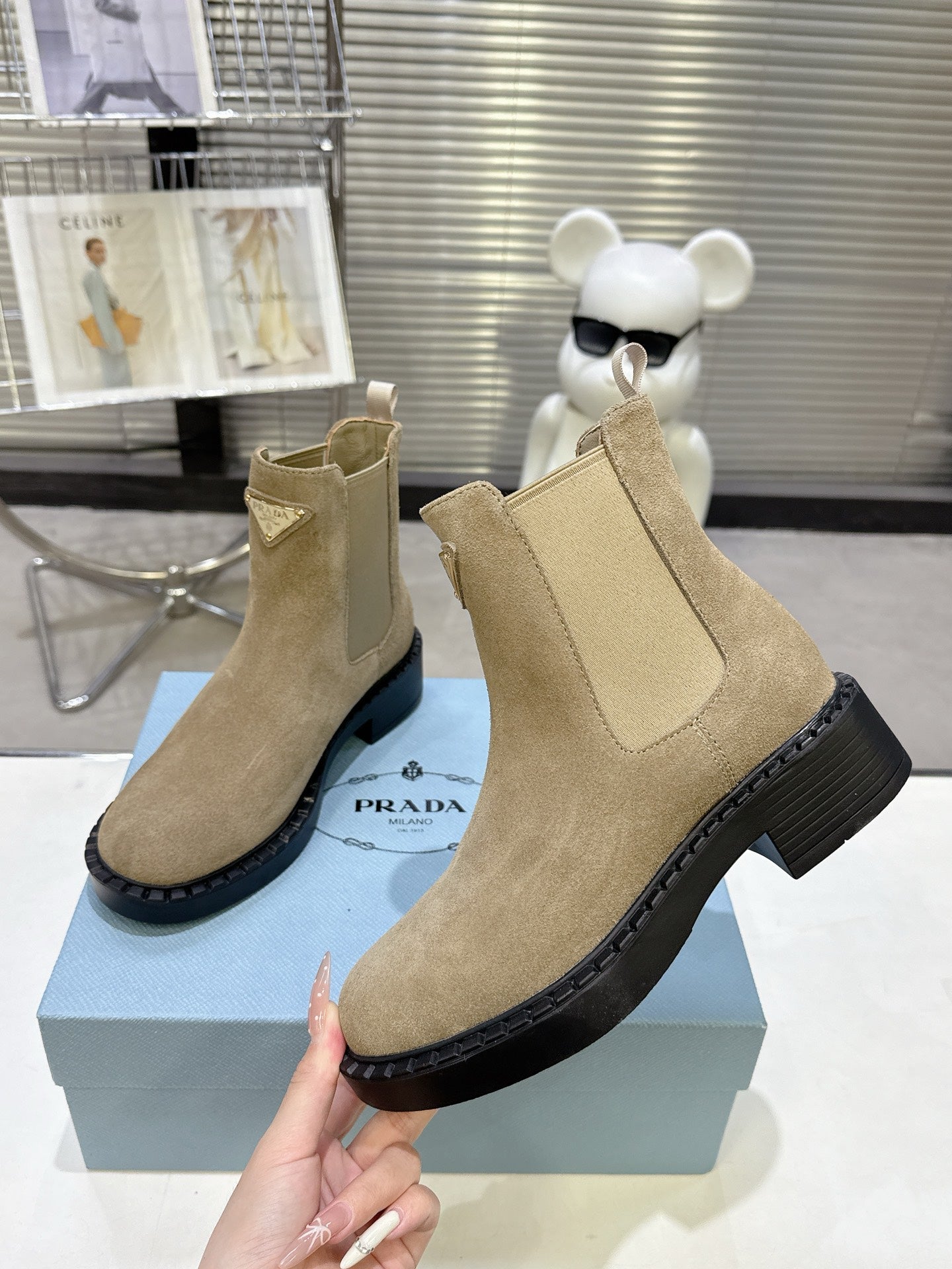 PRADA 25S RETRO PLATFORM MARTIN BOOTS IN BEIGE SUEDE - 35