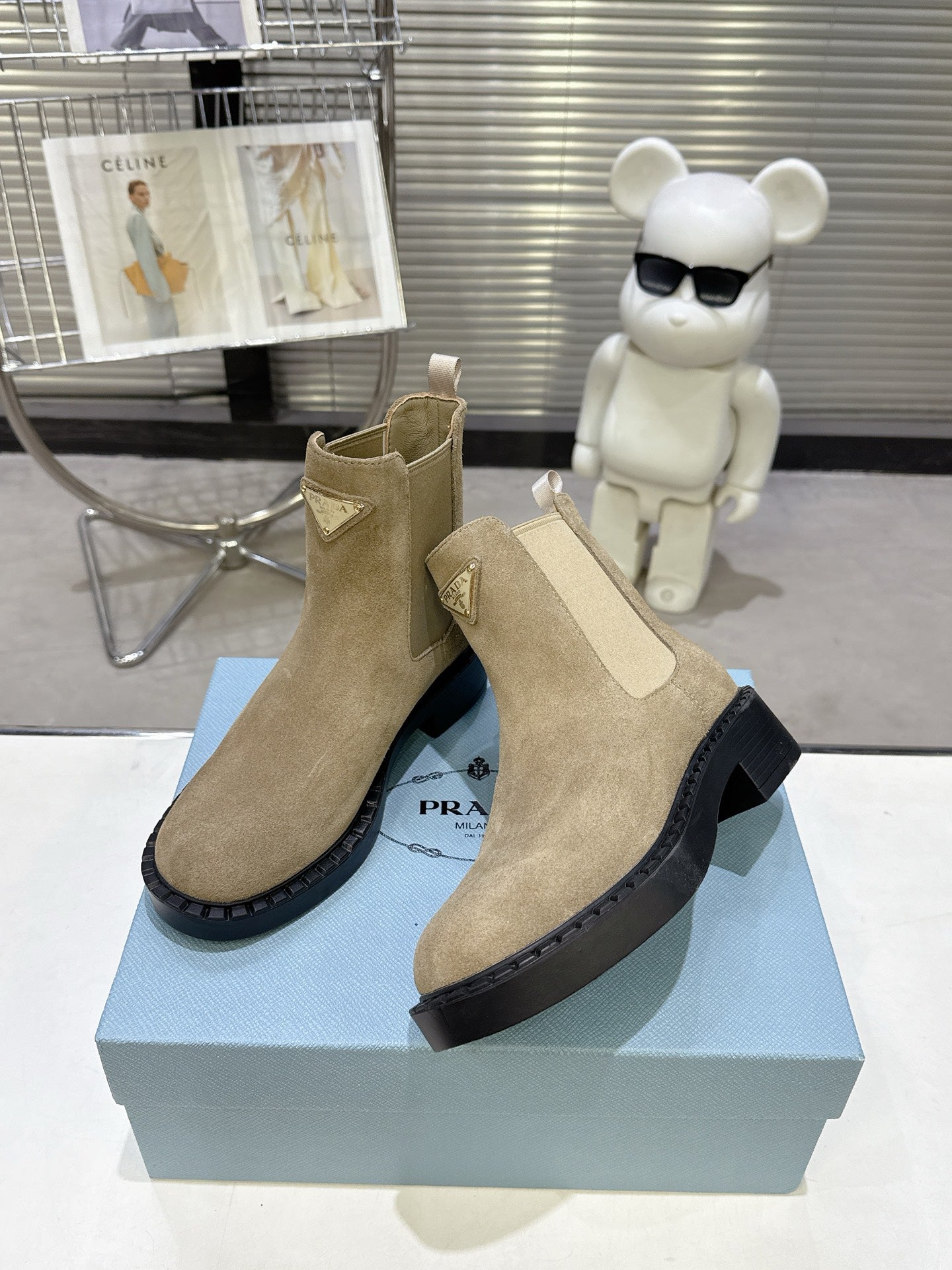 PRADA 25S RETRO PLATFORM MARTIN BOOTS IN BEIGE SUEDE - 35