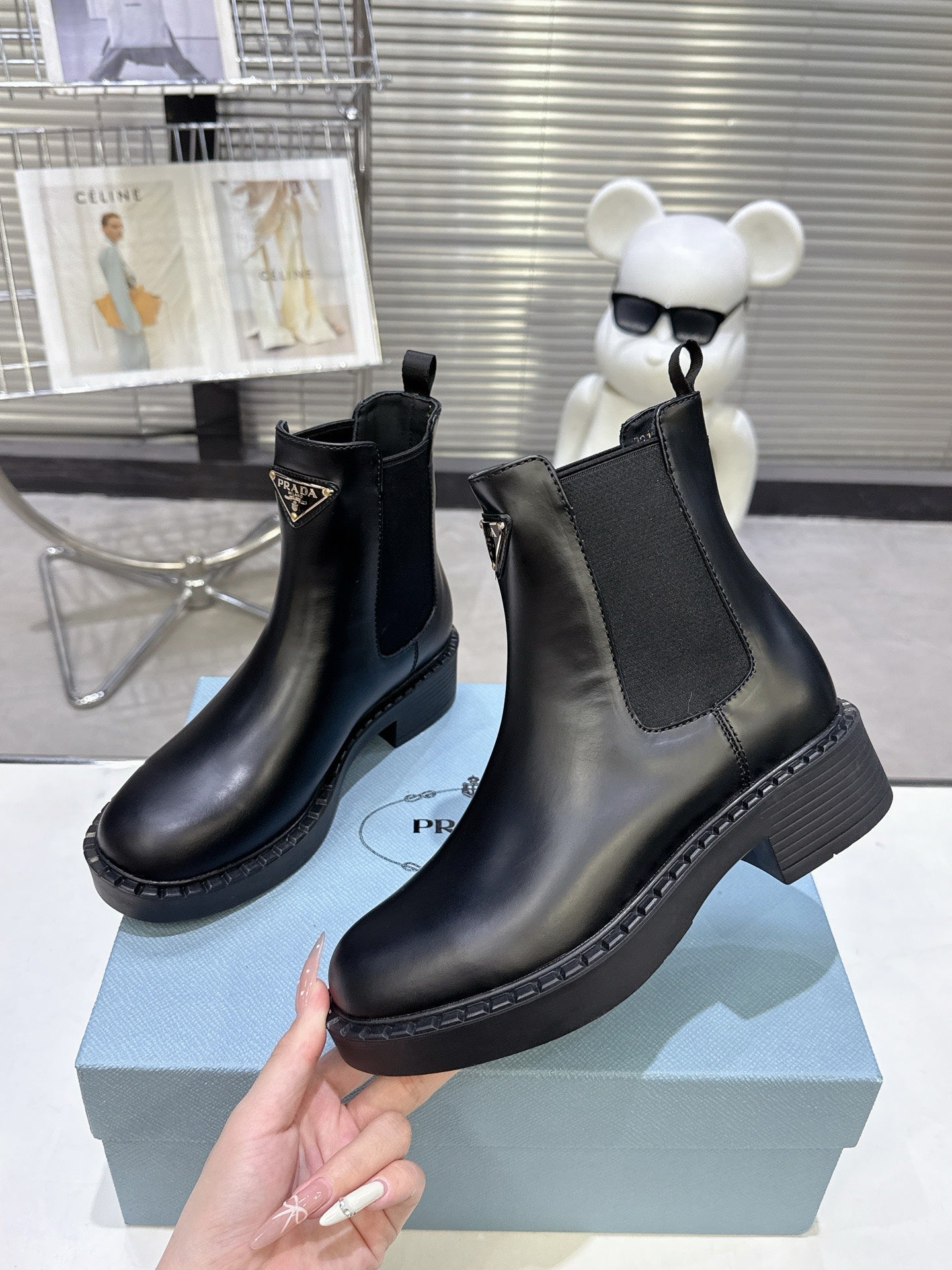 PRADA 25S RETRO PLATFORM MARTIN BOOTS IN BLACK CALFSKIN - 35