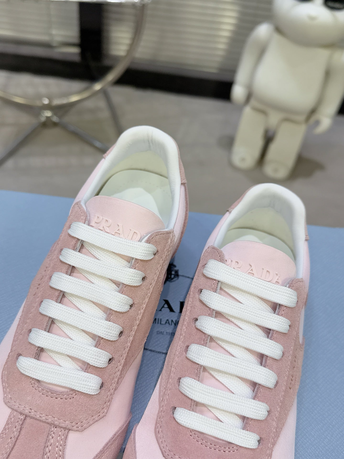 PRADA 26S LACE UP SNEAKERS IN PINK NYLON AND SUEDE