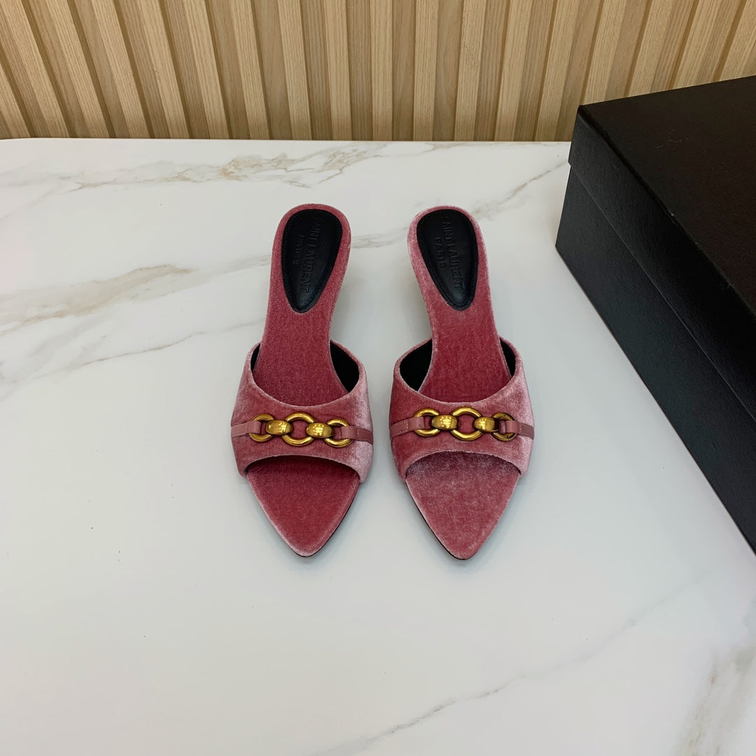 SL CHAIN ATTACH HEELED MULES BLUSH PINK VELVET - 35