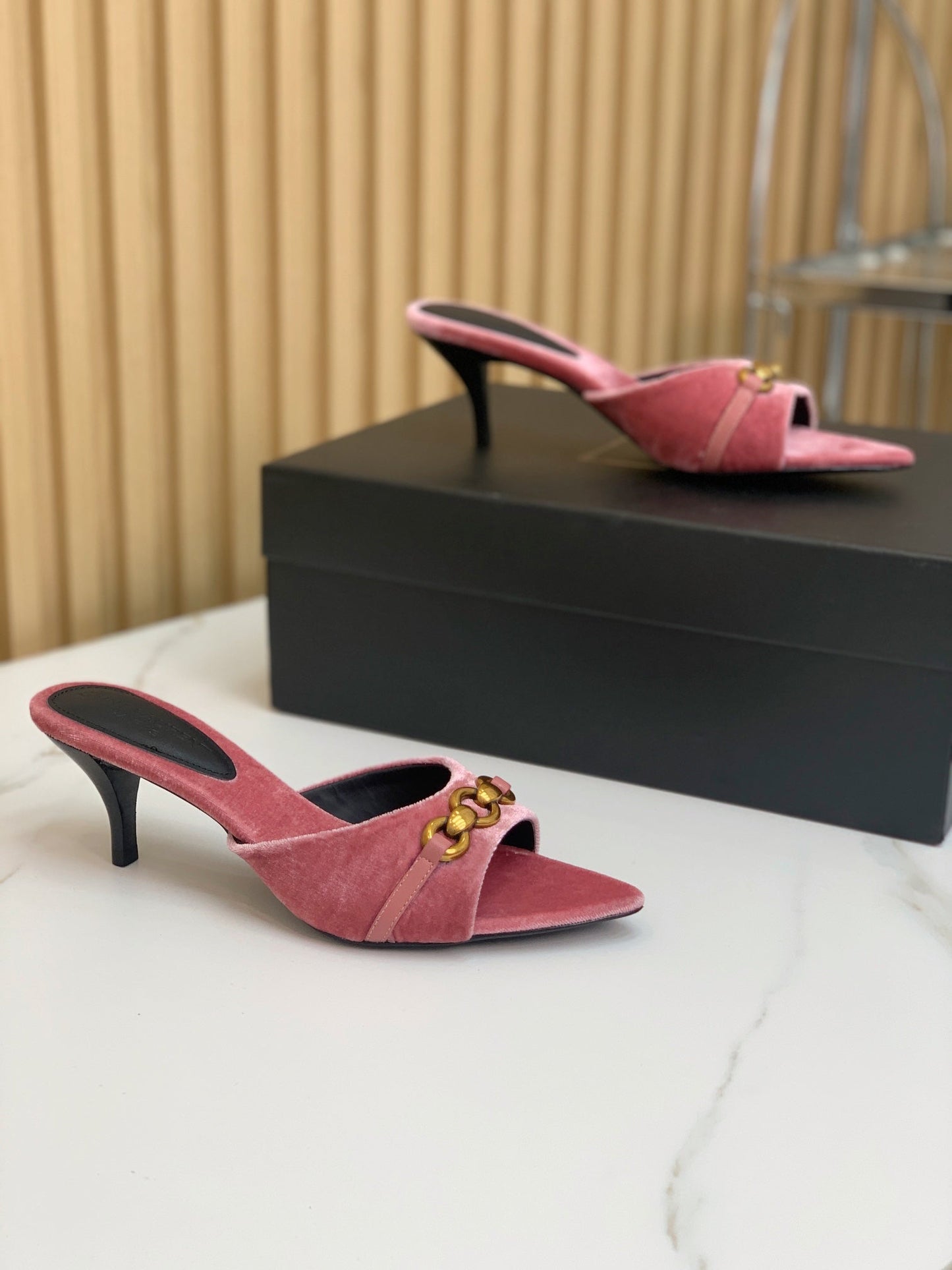 SL CHAIN ATTACH HEELED MULES BLUSH PINK VELVET - 35