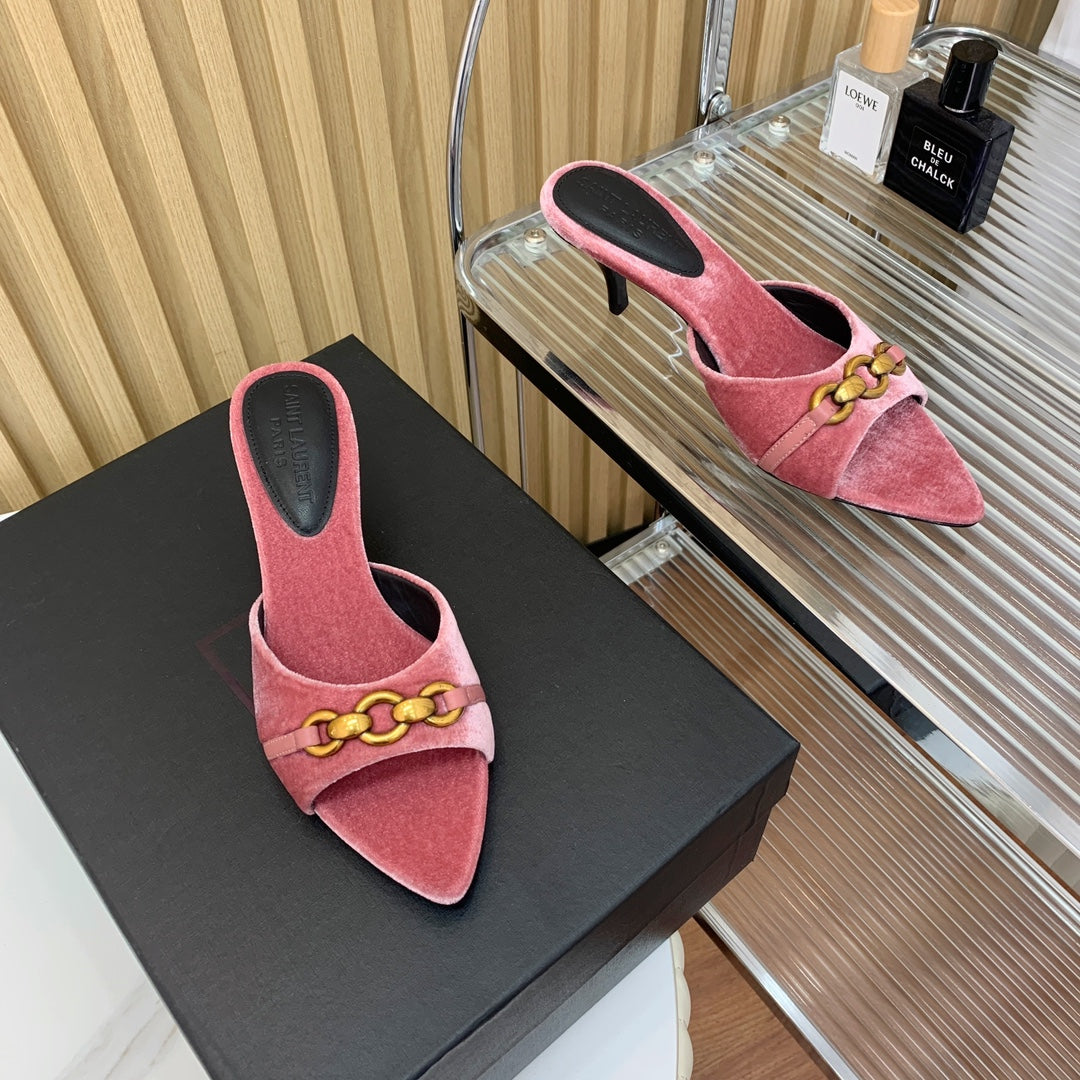SL CHAIN ATTACH HEELED MULES BLUSH PINK VELVET - 35
