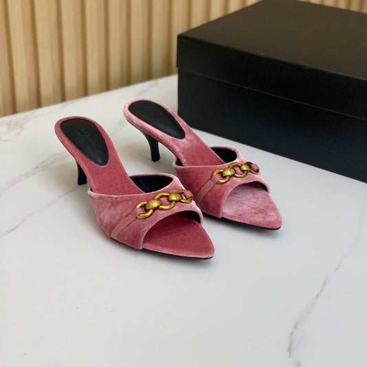 SL CHAIN ATTACH HEELED MULES BLUSH PINK VELVET - 35