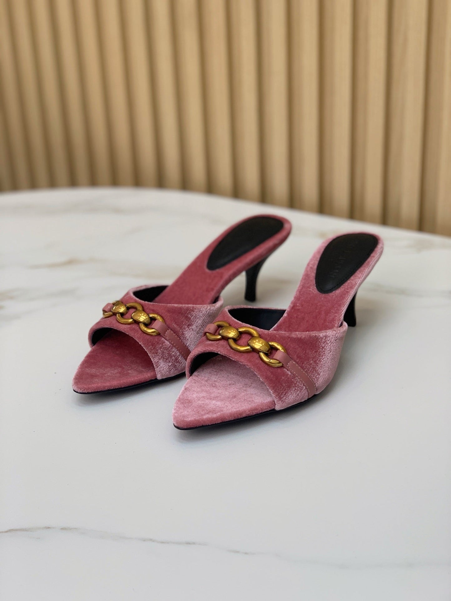 SL CHAIN ATTACH HEELED MULES BLUSH PINK VELVET - 35