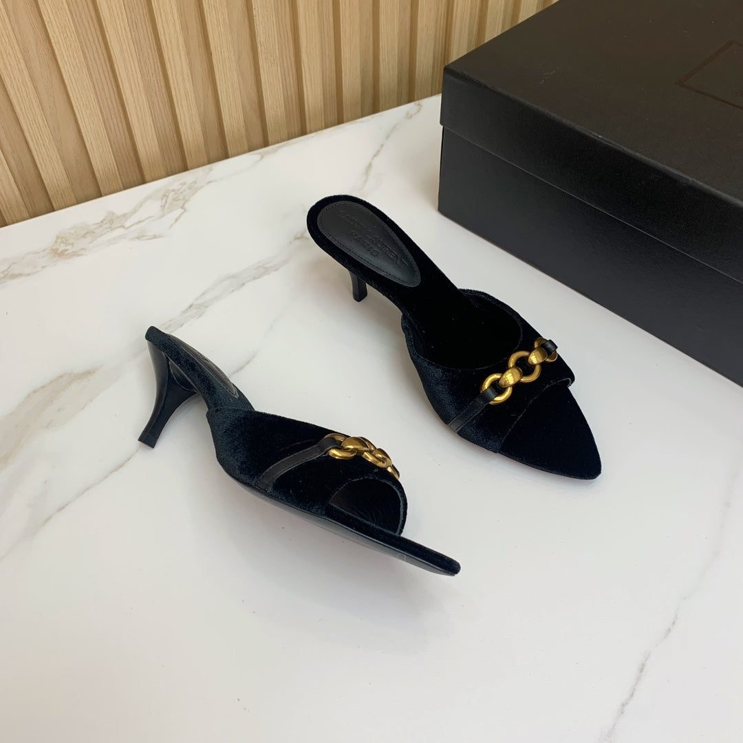 SL CHAIN ATTACH HEELED MULES BLACK VELVET - 35