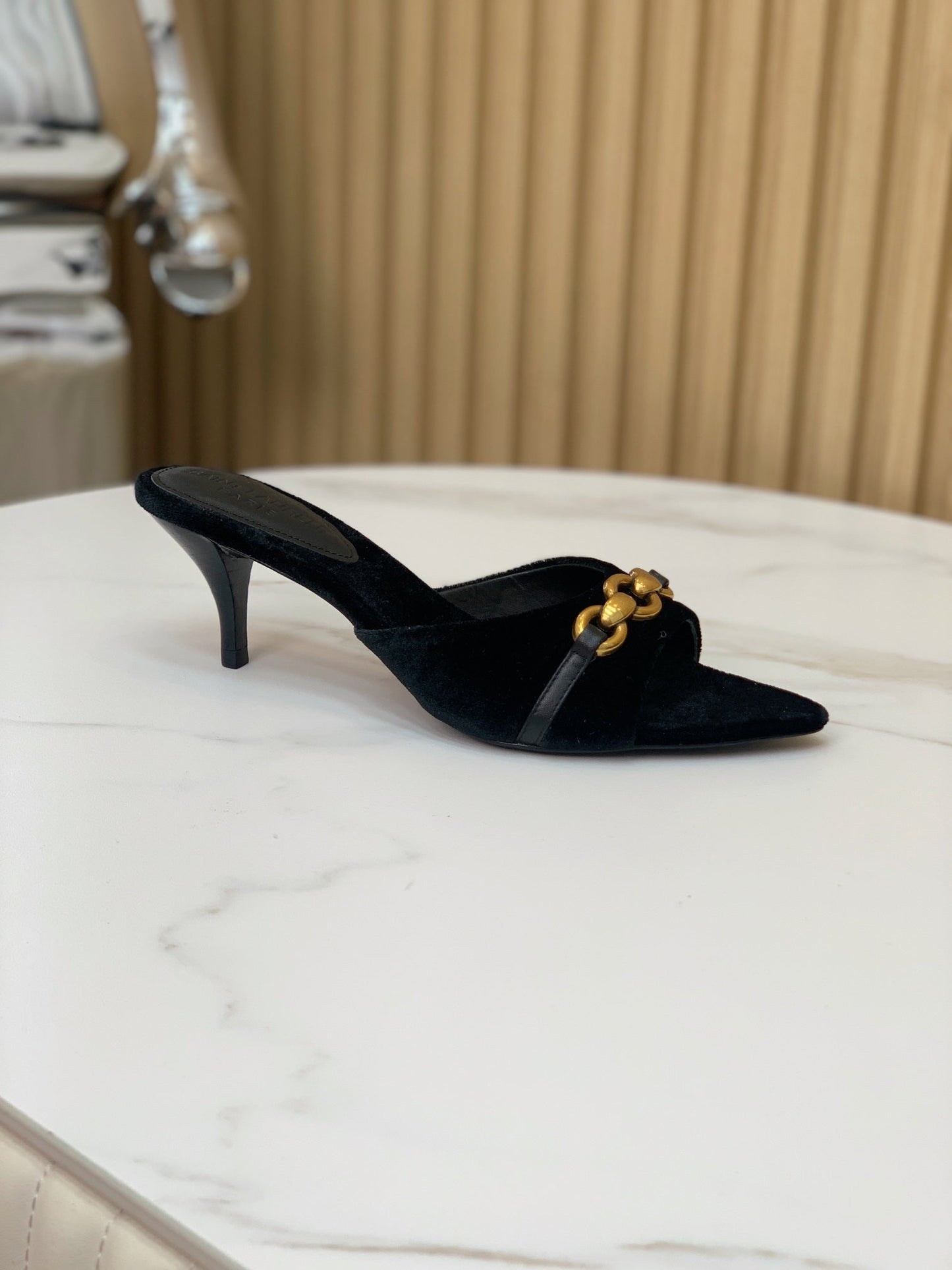 SL CHAIN ATTACH HEELED MULES BLACK VELVET - 35