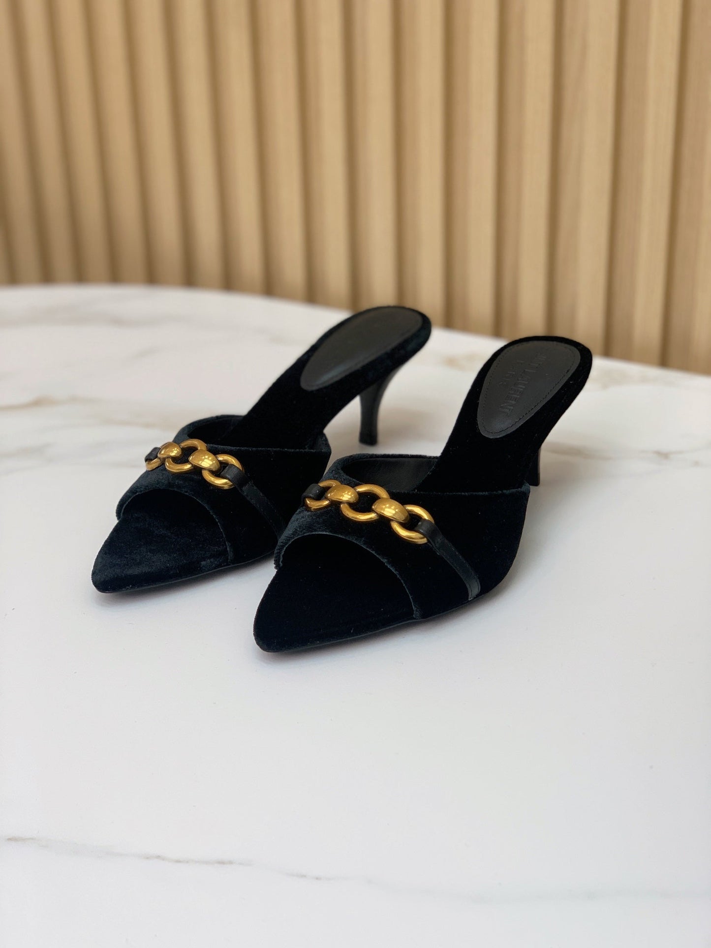 SL CHAIN ATTACH HEELED MULES BLACK VELVET - 35