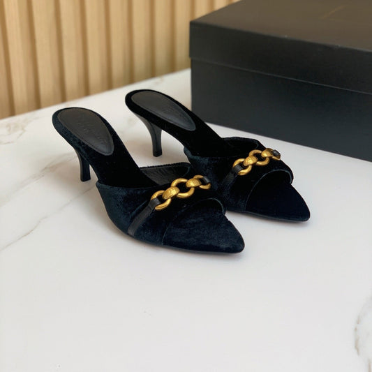 SL CHAIN ATTACH HEELED MULES BLACK VELVET - 35