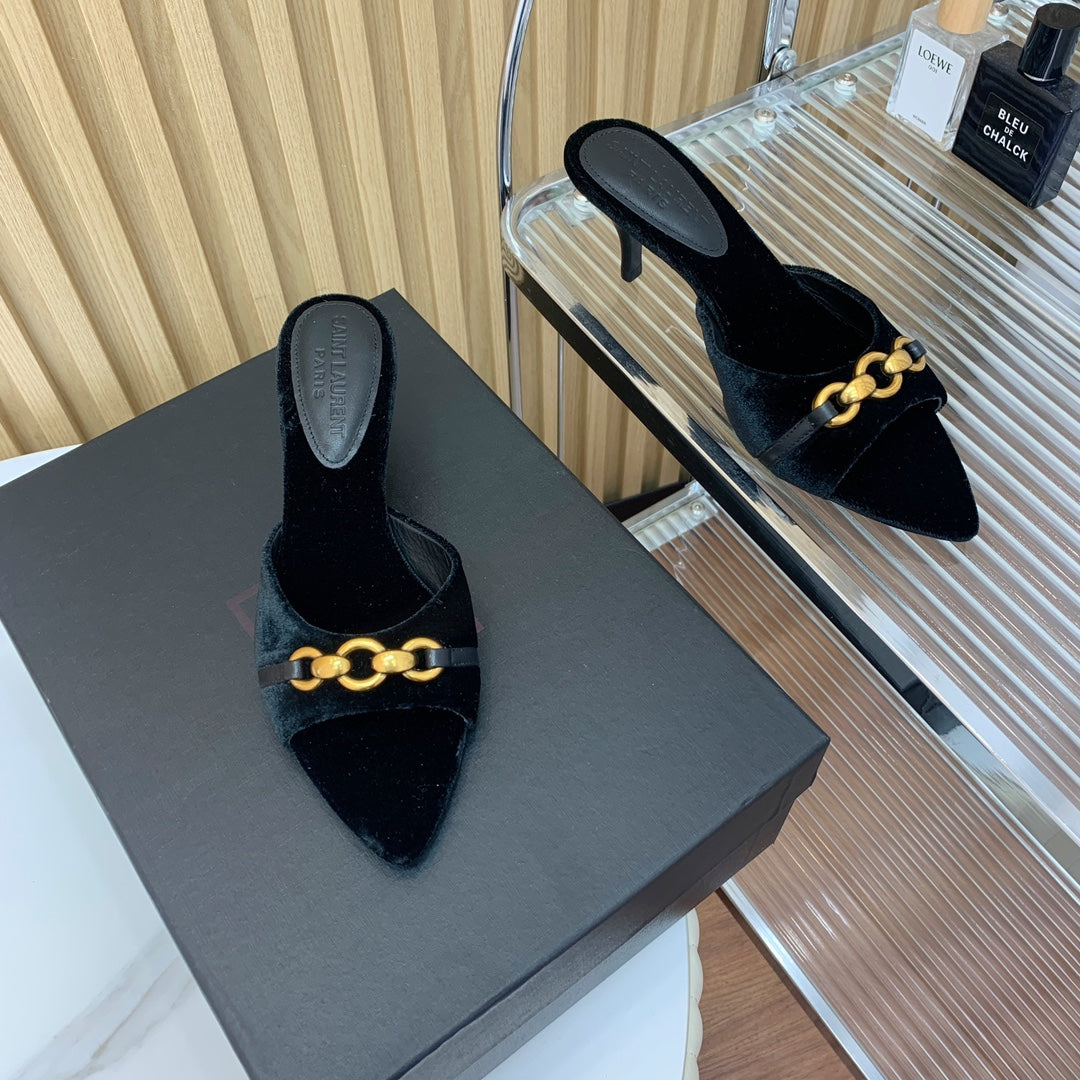 SL CHAIN ATTACH HEELED MULES BLACK VELVET - 35