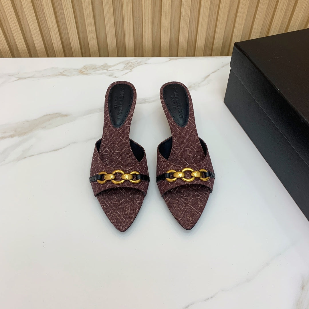 SL CHAIN ATTACH HEELED MULES BROWN DENIM - 35
