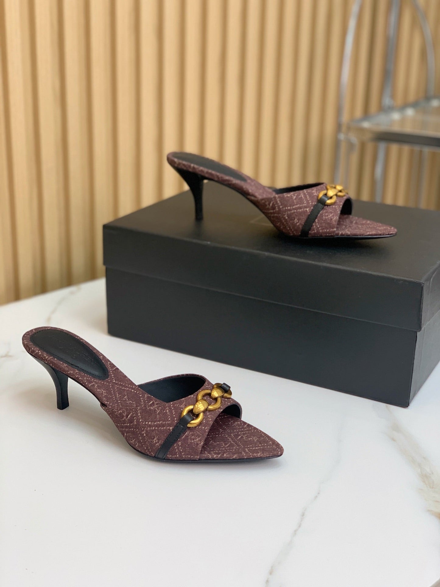 SL CHAIN ATTACH HEELED MULES BROWN DENIM - 35