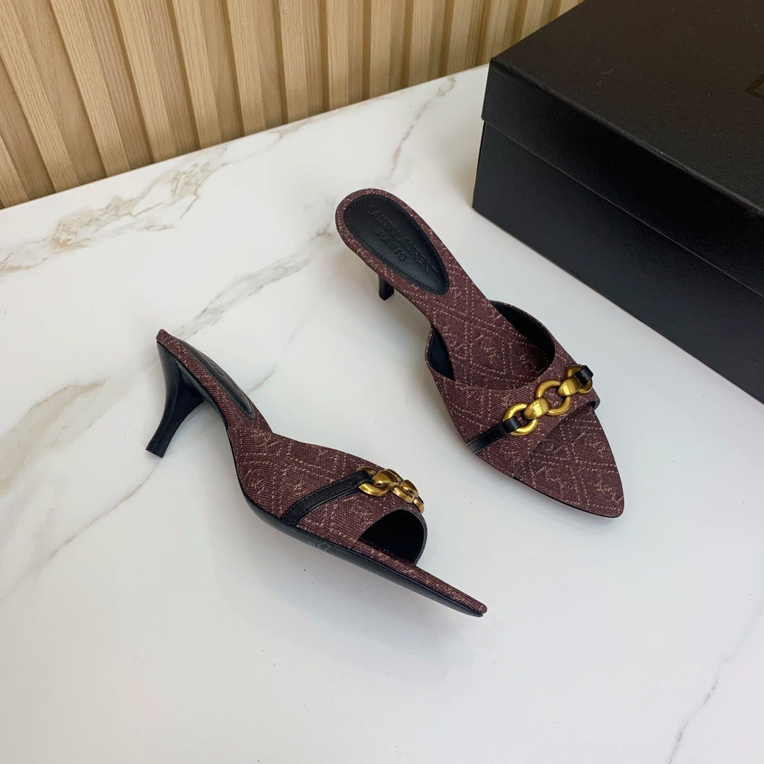 SL CHAIN ATTACH HEELED MULES BROWN DENIM - 35