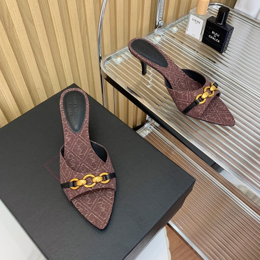 SL CHAIN ATTACH HEELED MULES BROWN DENIM - 35