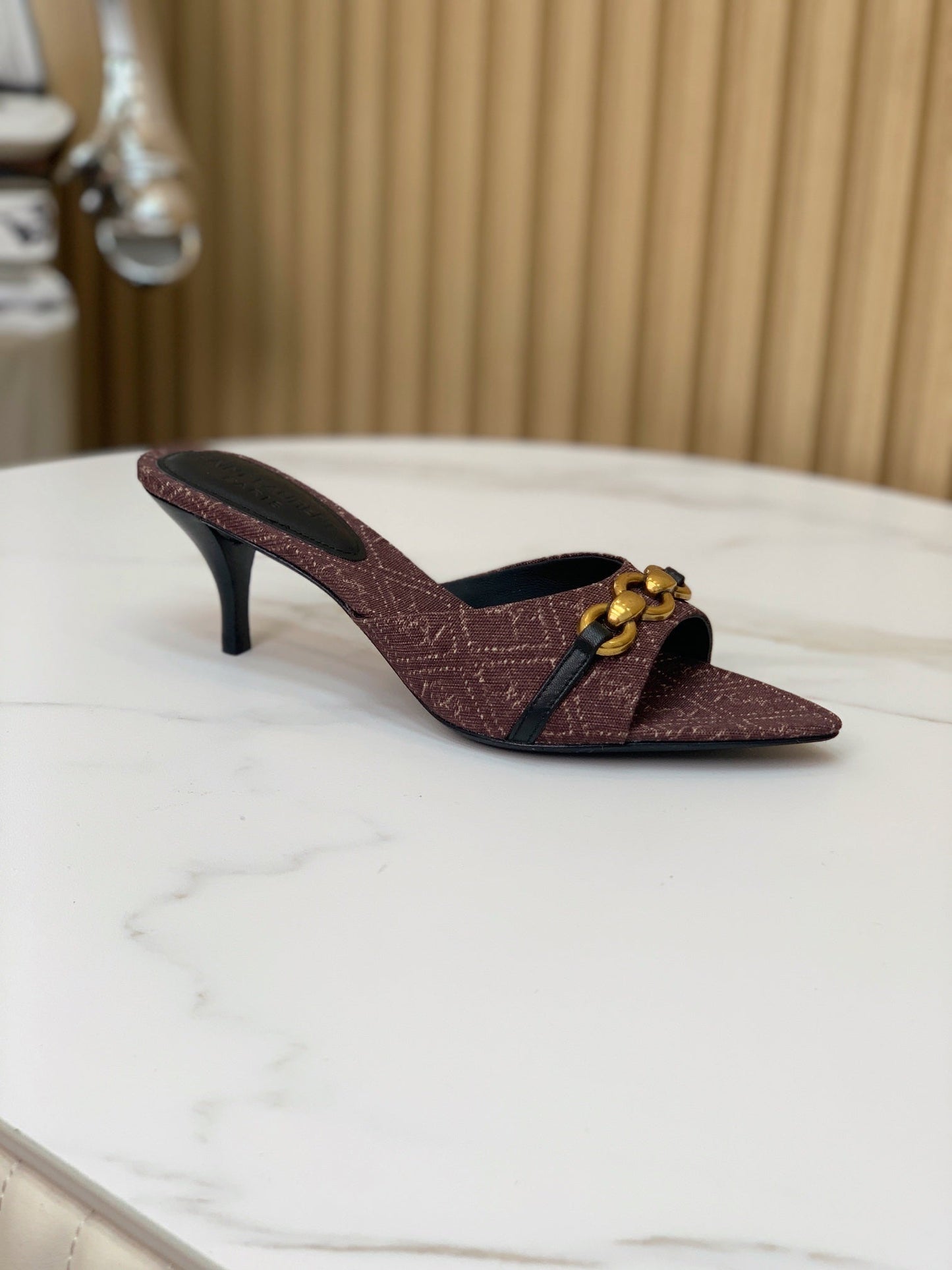 SL CHAIN ATTACH HEELED MULES BROWN DENIM - 35