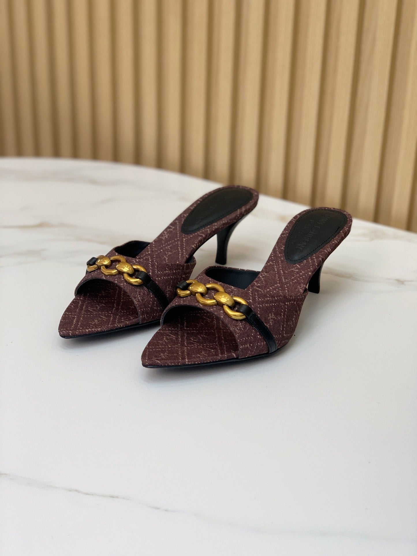 SL CHAIN ATTACH HEELED MULES BROWN DENIM - 35