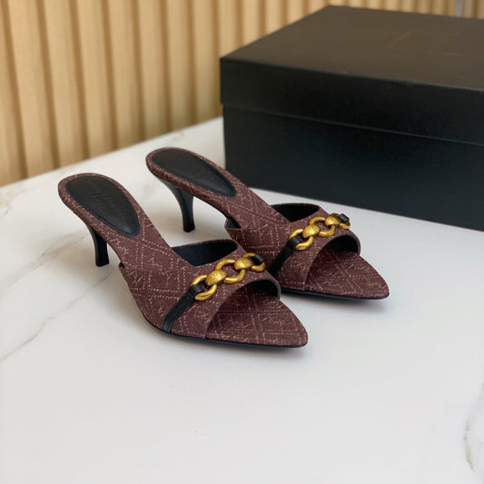 SL CHAIN ATTACH HEELED MULES BROWN DENIM - 35