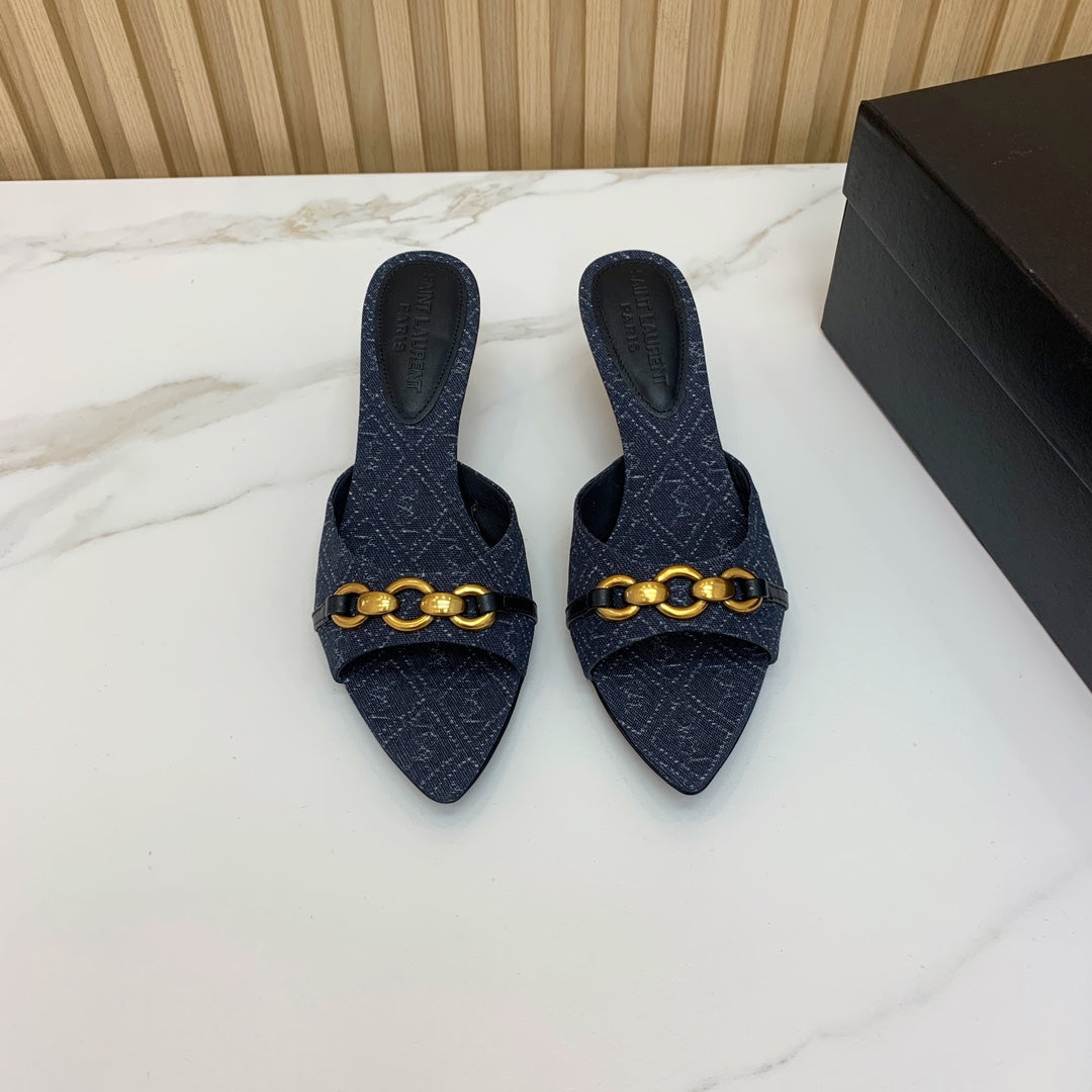 SL CHAIN ATTACH HEELED MULES INDIGO DENIM - 35