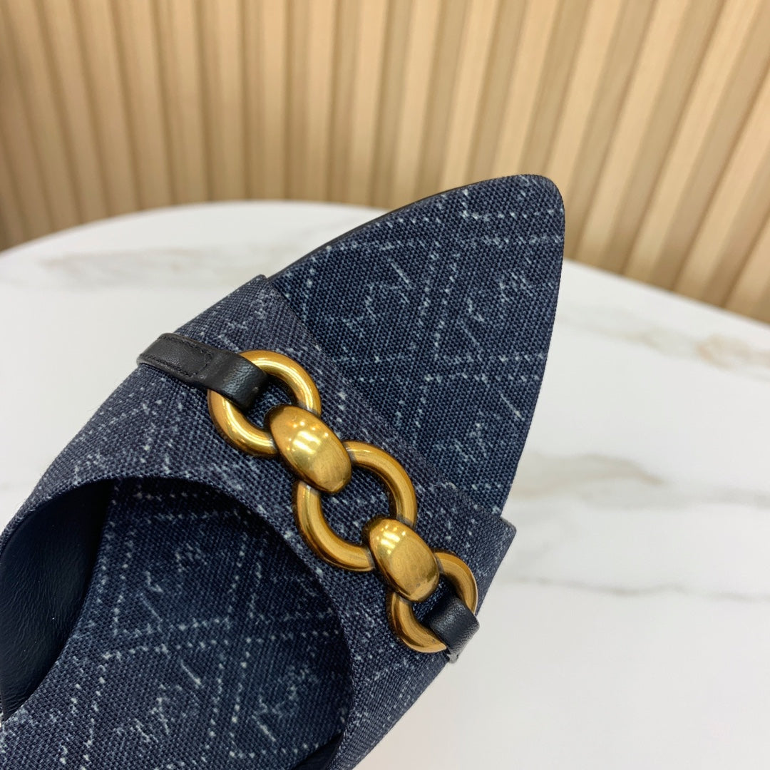 SL CHAIN ATTACH HEELED MULES INDIGO DENIM - 35