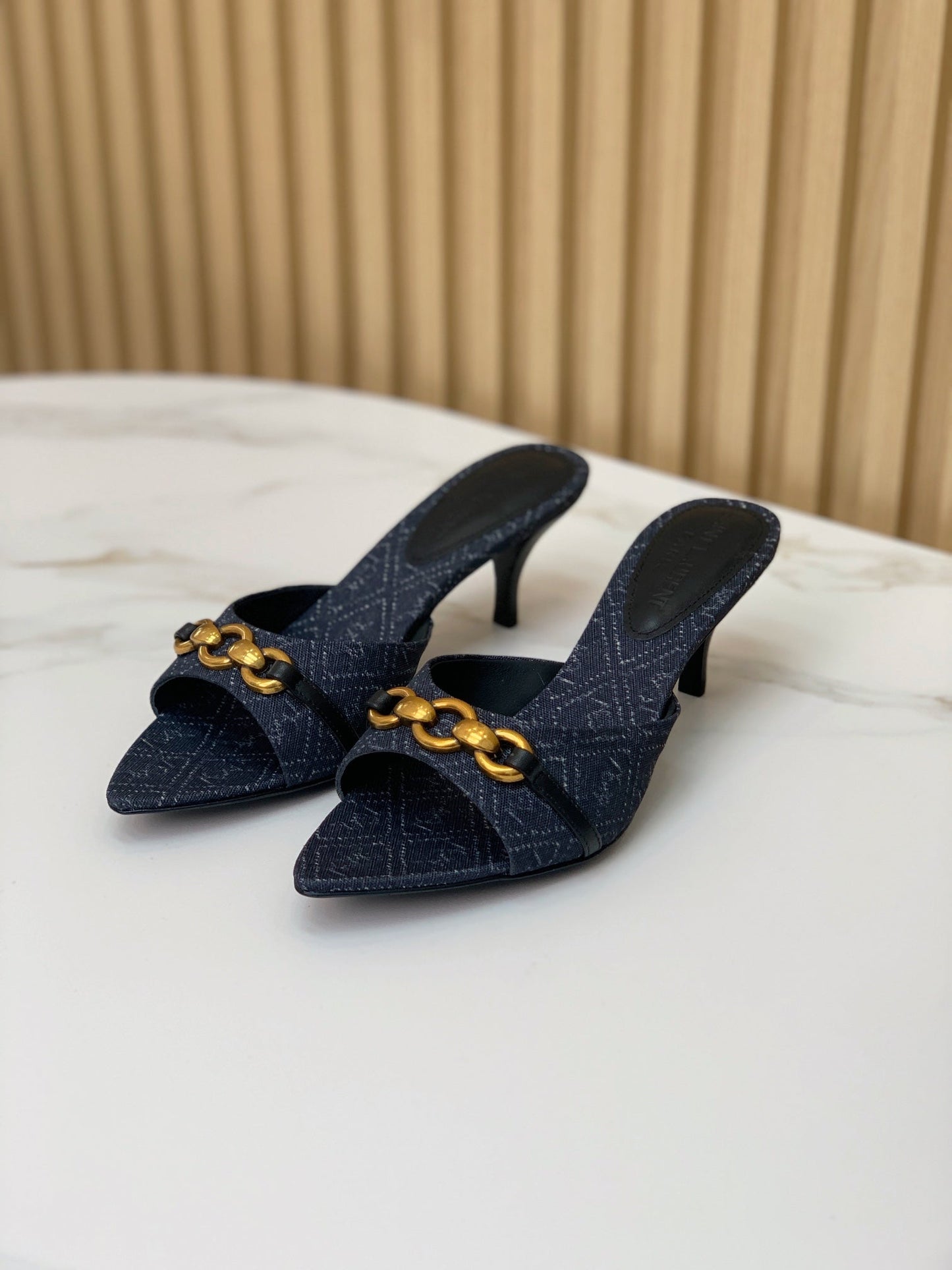 SL CHAIN ATTACH HEELED MULES INDIGO DENIM - 35
