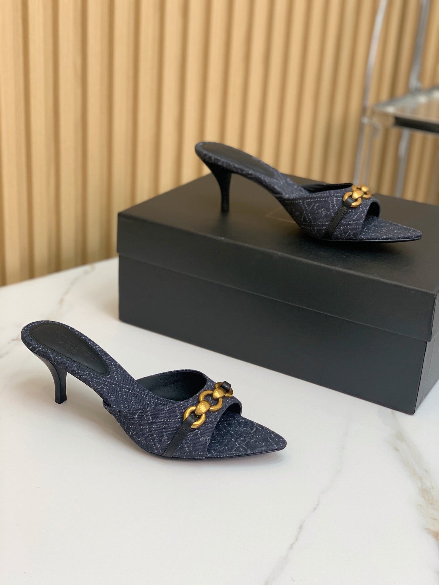 SL CHAIN ATTACH HEELED MULES INDIGO DENIM - 35