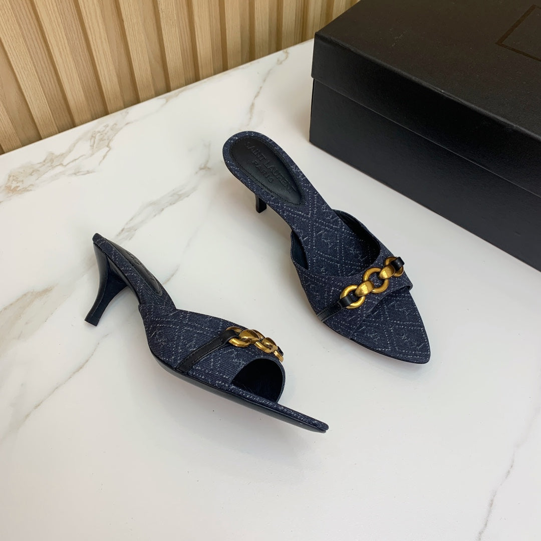 SL CHAIN ATTACH HEELED MULES INDIGO DENIM - 35