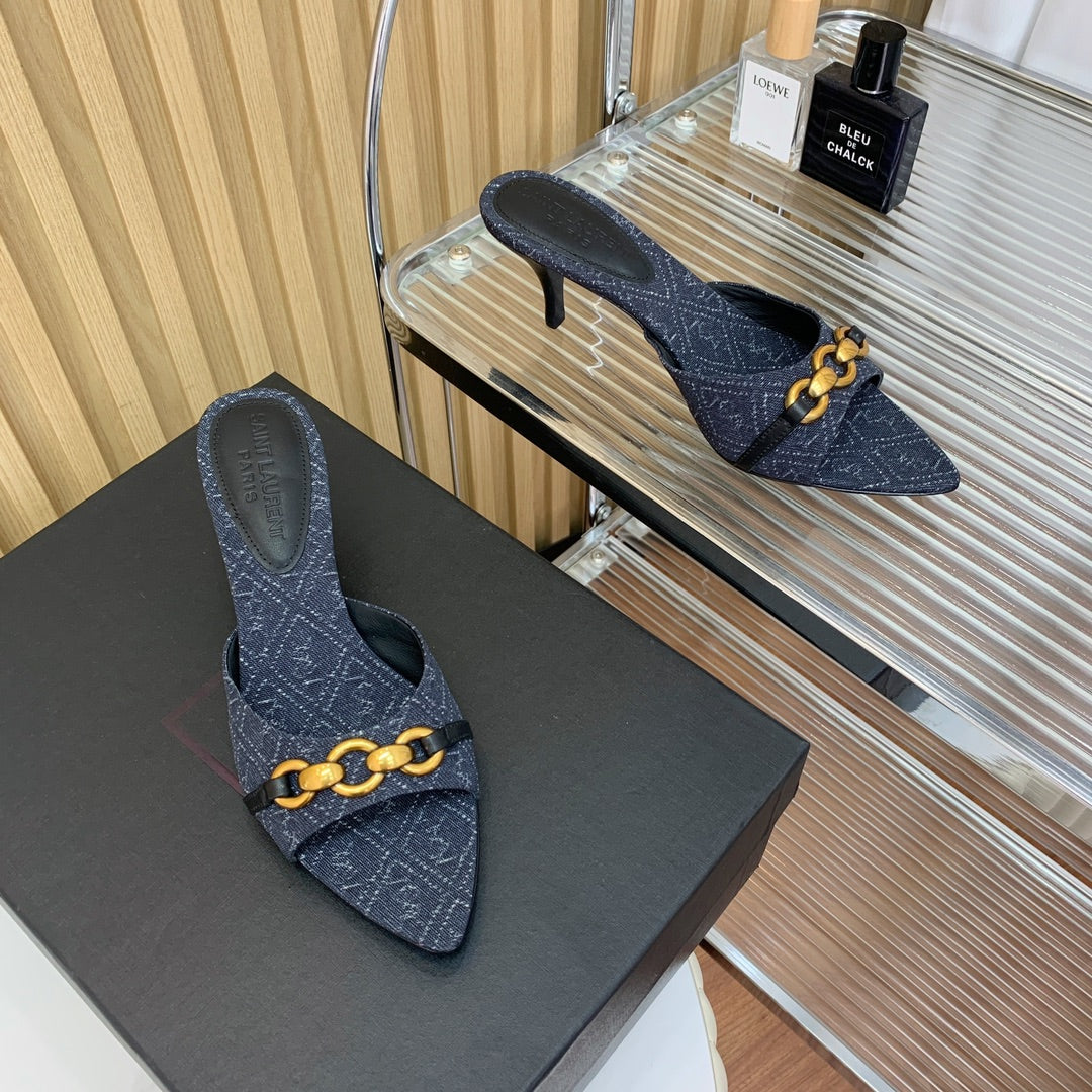 SL CHAIN ATTACH HEELED MULES INDIGO DENIM - 35