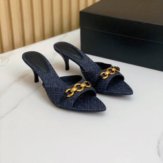 SL CHAIN ATTACH HEELED MULES INDIGO DENIM - 35