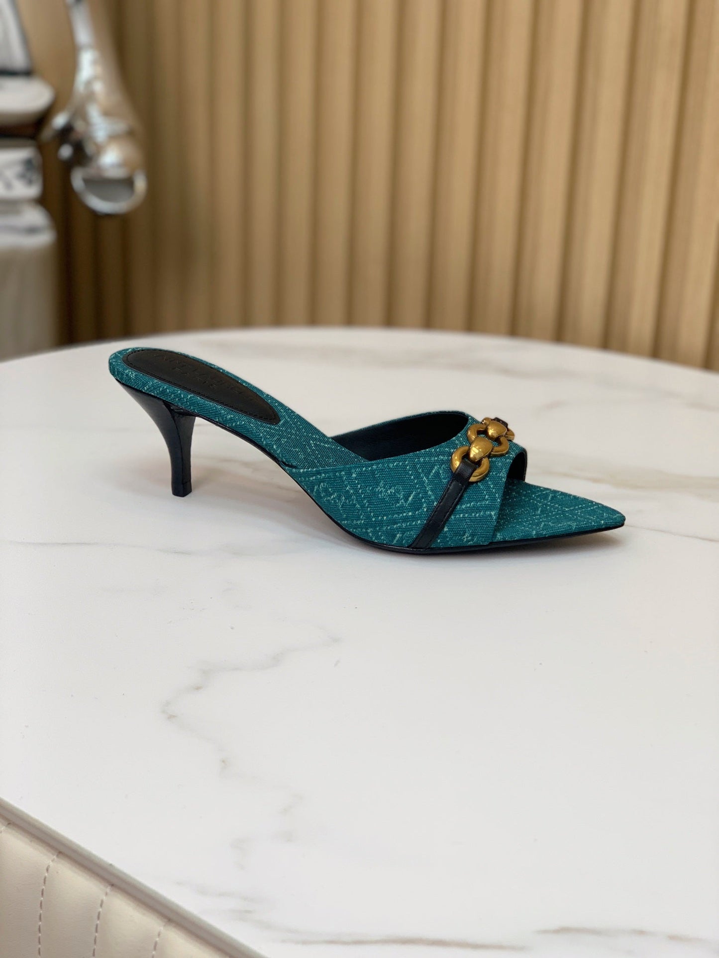 SL CHAIN ATTACH HEELED MULES SAPPHIRE DENIM - 35