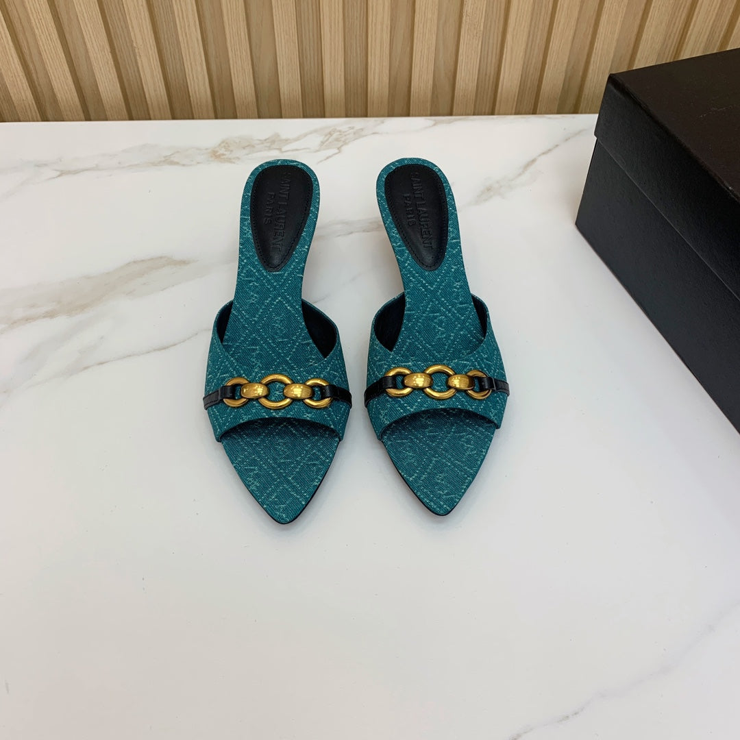 SL CHAIN ATTACH HEELED MULES SAPPHIRE DENIM - 35