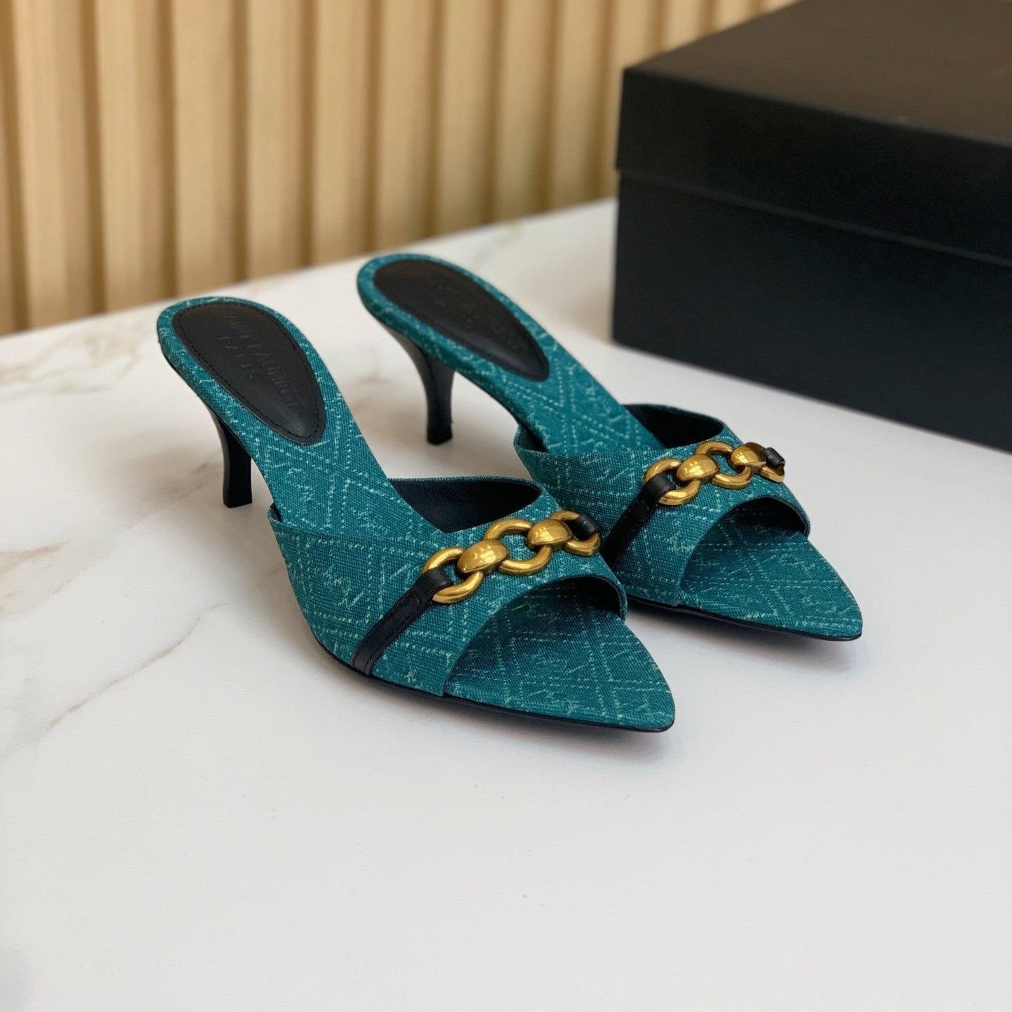 SL CHAIN ATTACH HEELED MULES SAPPHIRE DENIM - 35