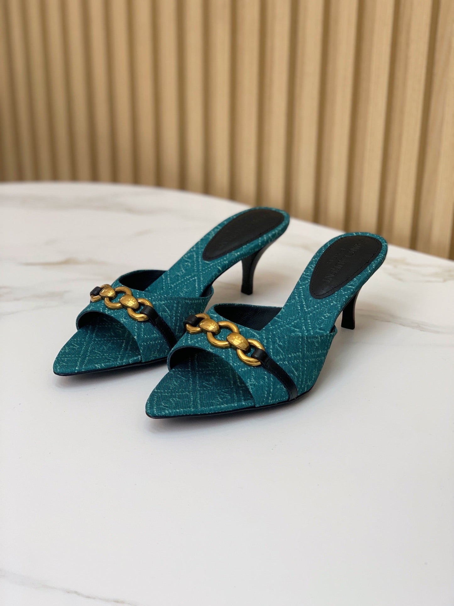 SL CHAIN ATTACH HEELED MULES SAPPHIRE DENIM - 35