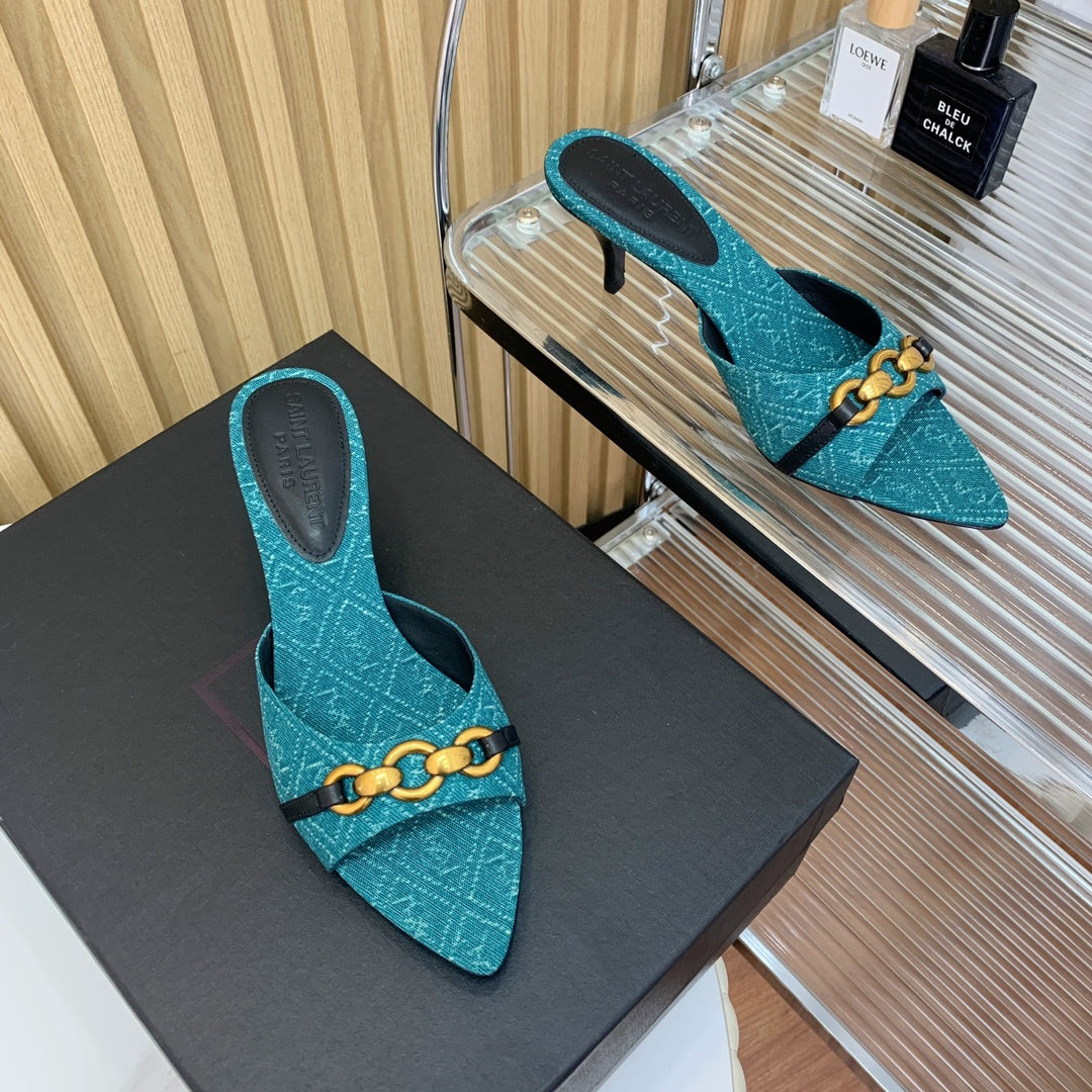 SL CHAIN ATTACH HEELED MULES SAPPHIRE DENIM - 35
