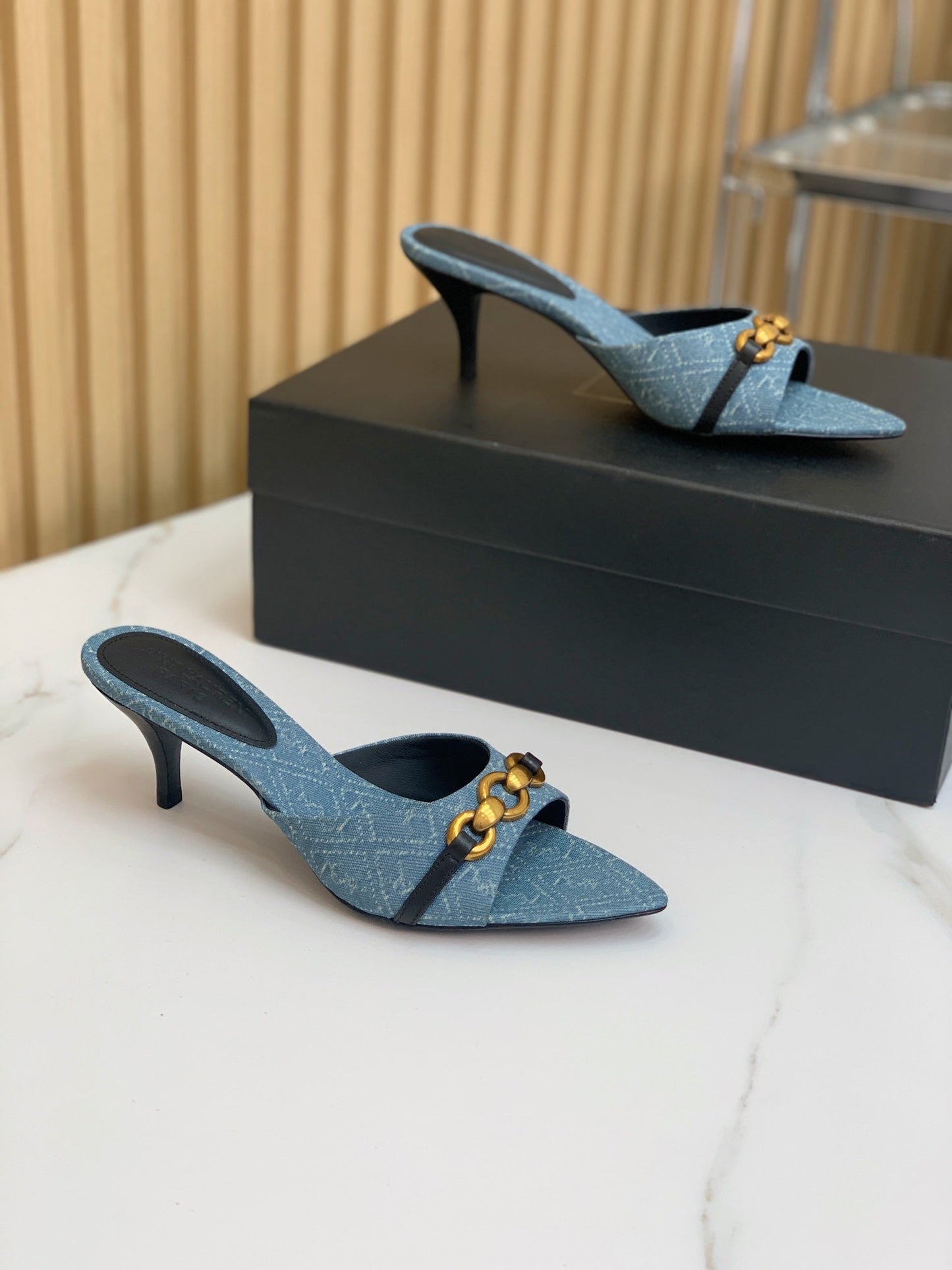 SL CHAIN ATTACH HEELED MULES CERULEAN DENIM - 35