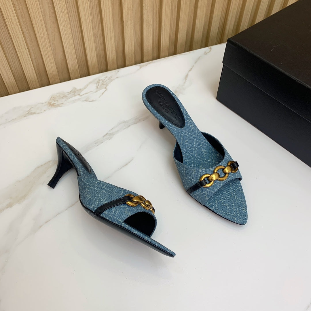 SL CHAIN ATTACH HEELED MULES CERULEAN DENIM - 35