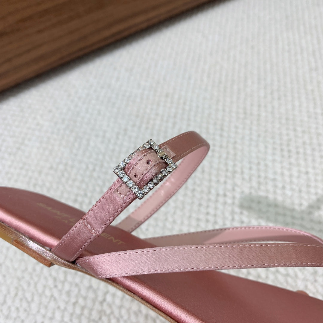 SL CRYSTAL BUCKLE THONG SANDAL LIGHT PINK SATIN - 35