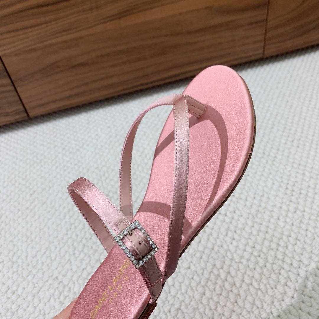 SL CRYSTAL BUCKLE THONG SANDAL LIGHT PINK SATIN - 35